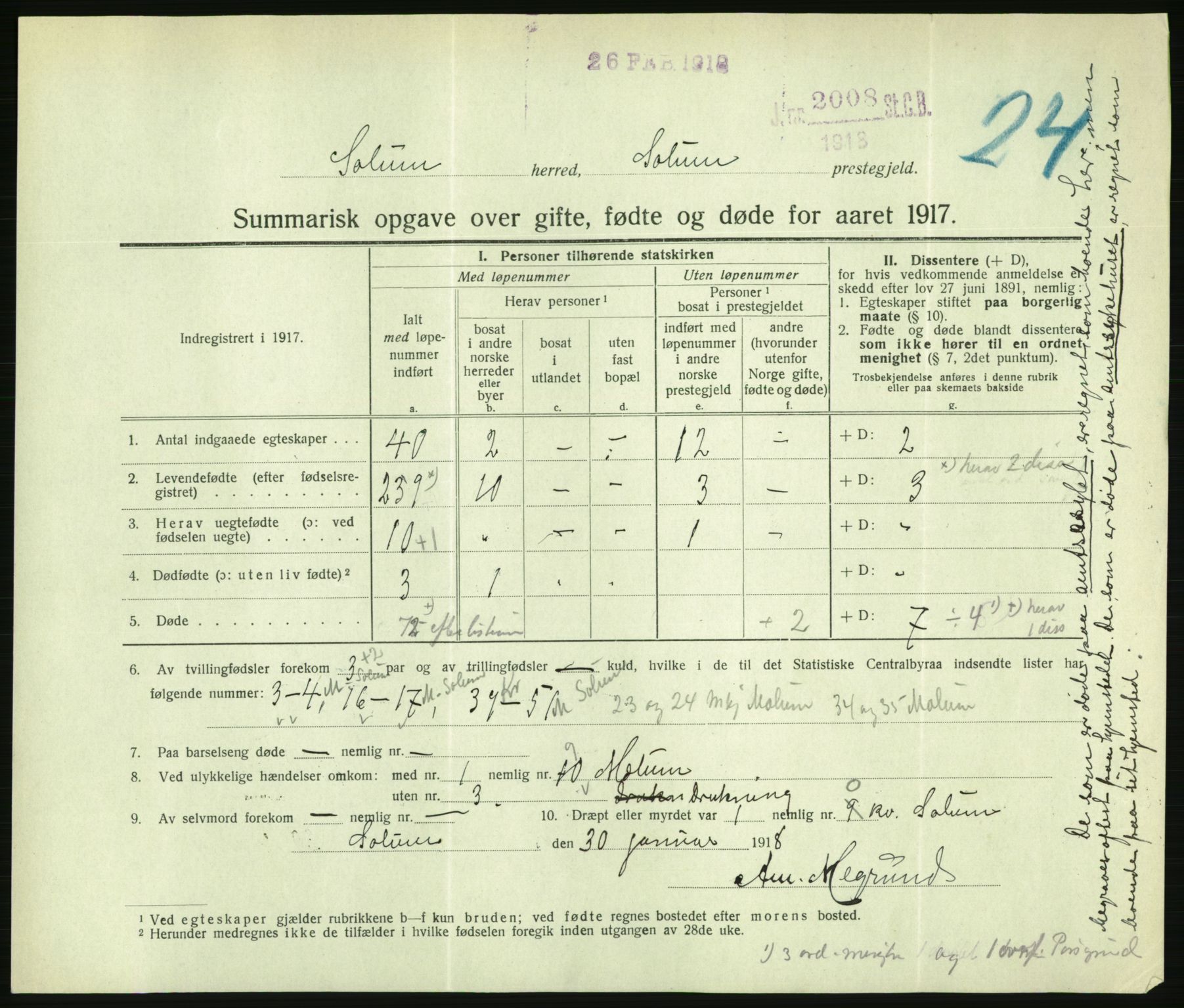 Statistisk sentralbyrå, Sosiodemografiske emner, Befolkning, AV/RA-S-2228/D/Df/Dfb/Dfbg/L0056: Summariske oppgaver over gifte, fødte og døde for hele landet., 1917, p. 541