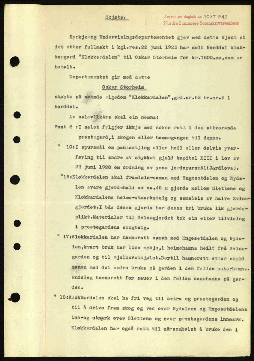 Nordre Sunnmøre sorenskriveri, AV/SAT-A-0006/1/2/2C/2Ca: Mortgage book no. A13, 1942-1942, Diary no: : 1027/1942