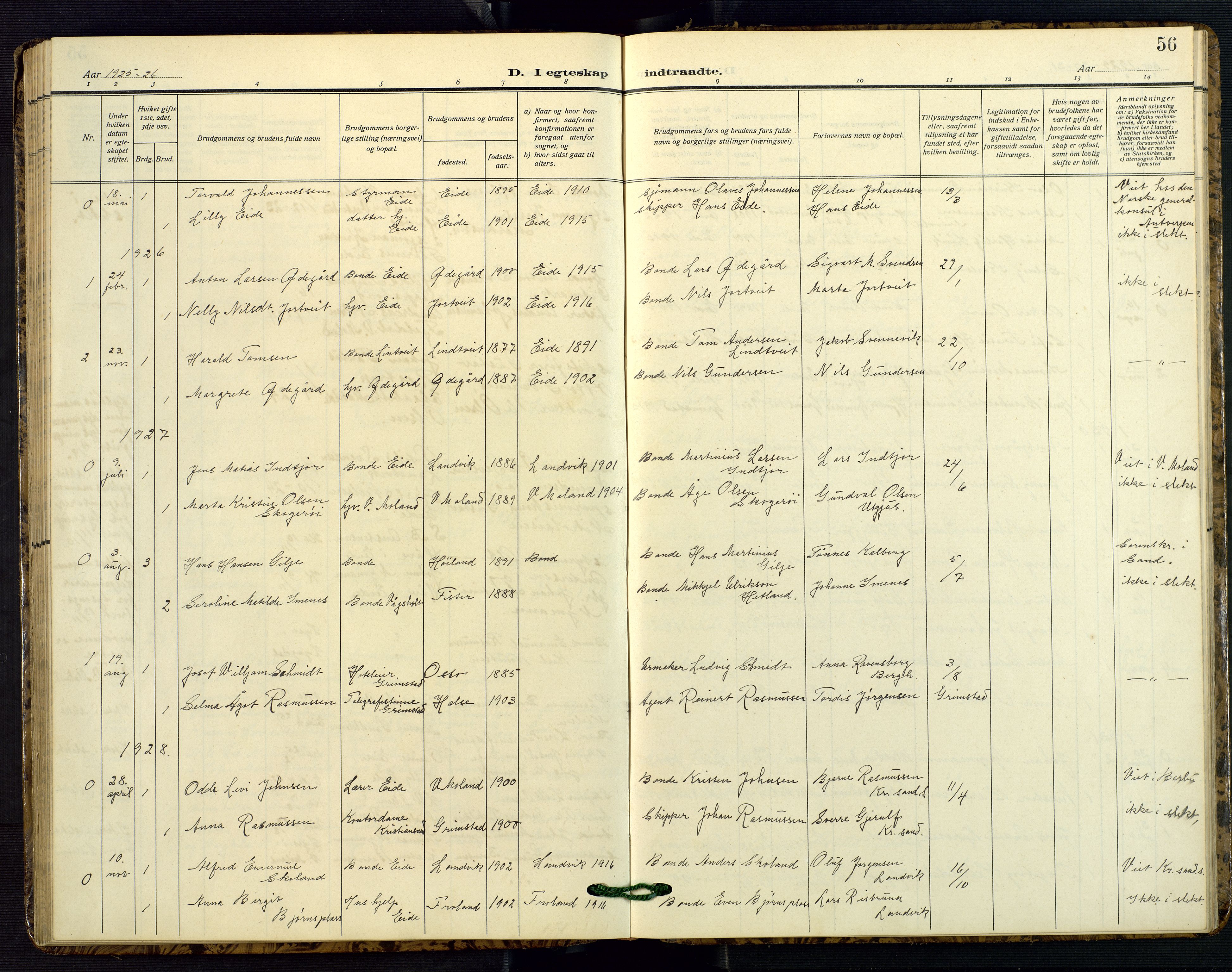 Hommedal sokneprestkontor, SAK/1111-0023/F/Fb/Fba/L0005: Parish register (copy) no. B 5, 1909-1957, p. 56