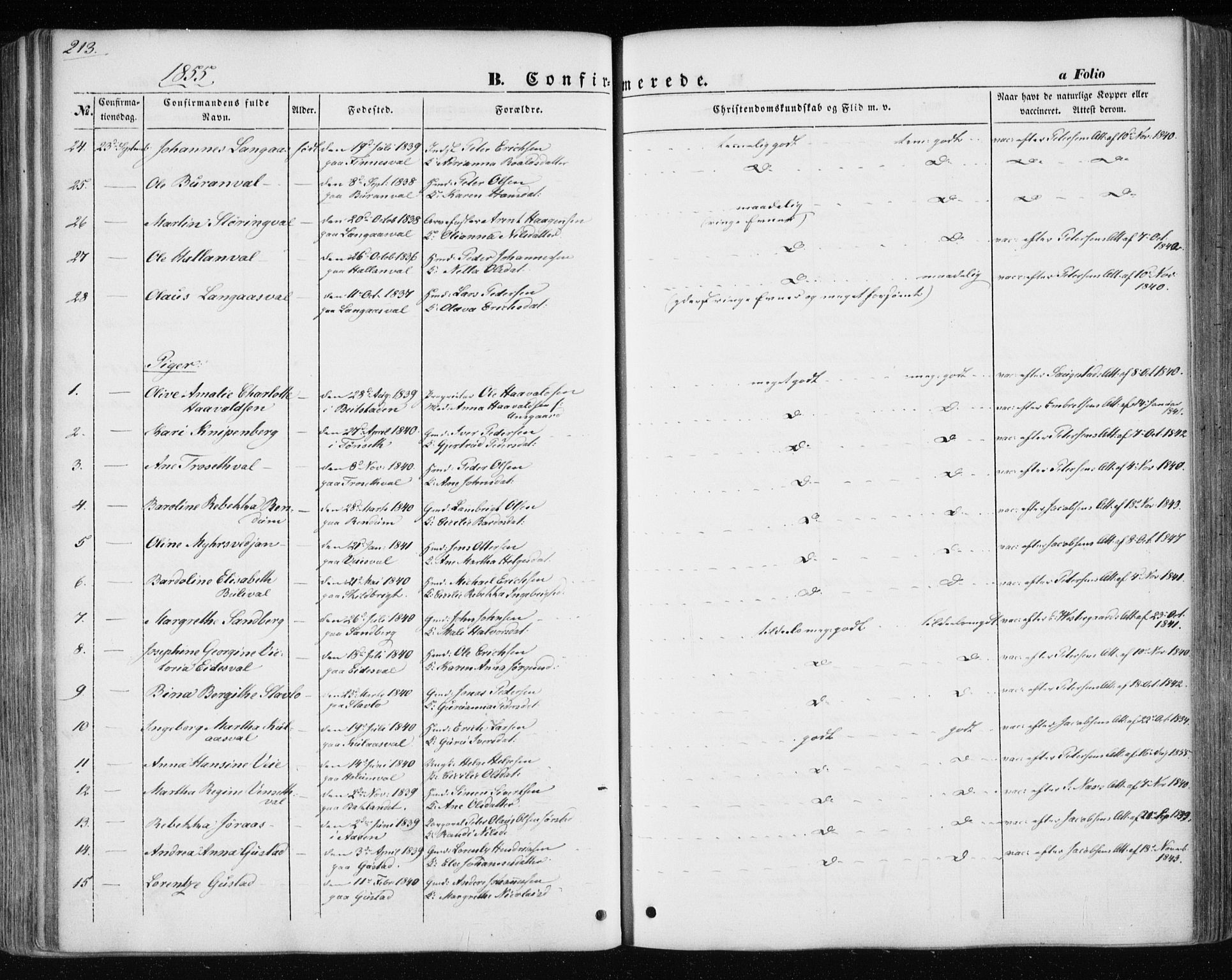 Ministerialprotokoller, klokkerbøker og fødselsregistre - Nord-Trøndelag, AV/SAT-A-1458/717/L0154: Parish register (official) no. 717A07 /1, 1850-1862, p. 213