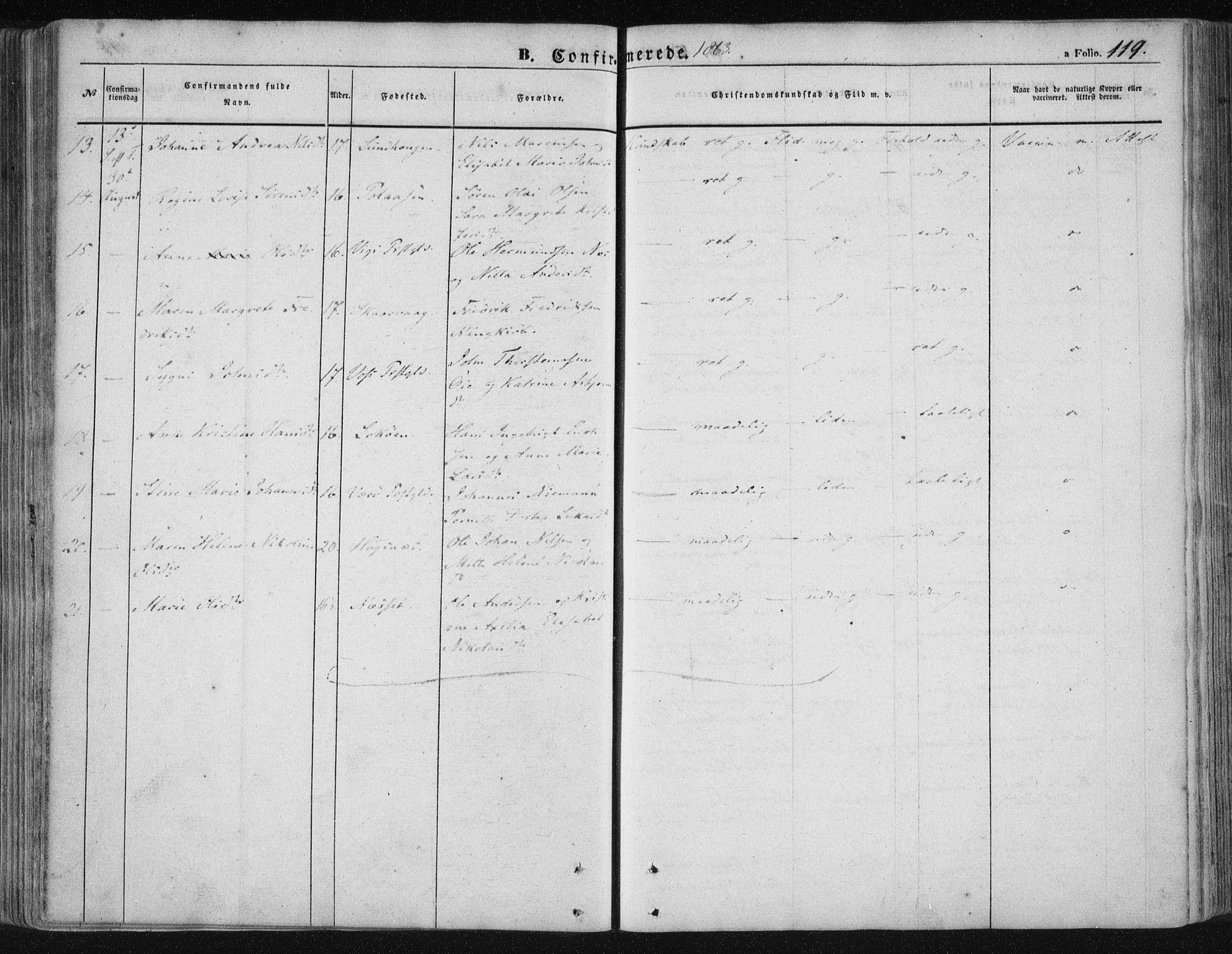 Ministerialprotokoller, klokkerbøker og fødselsregistre - Nordland, AV/SAT-A-1459/891/L1300: Parish register (official) no. 891A05, 1856-1870, p. 119