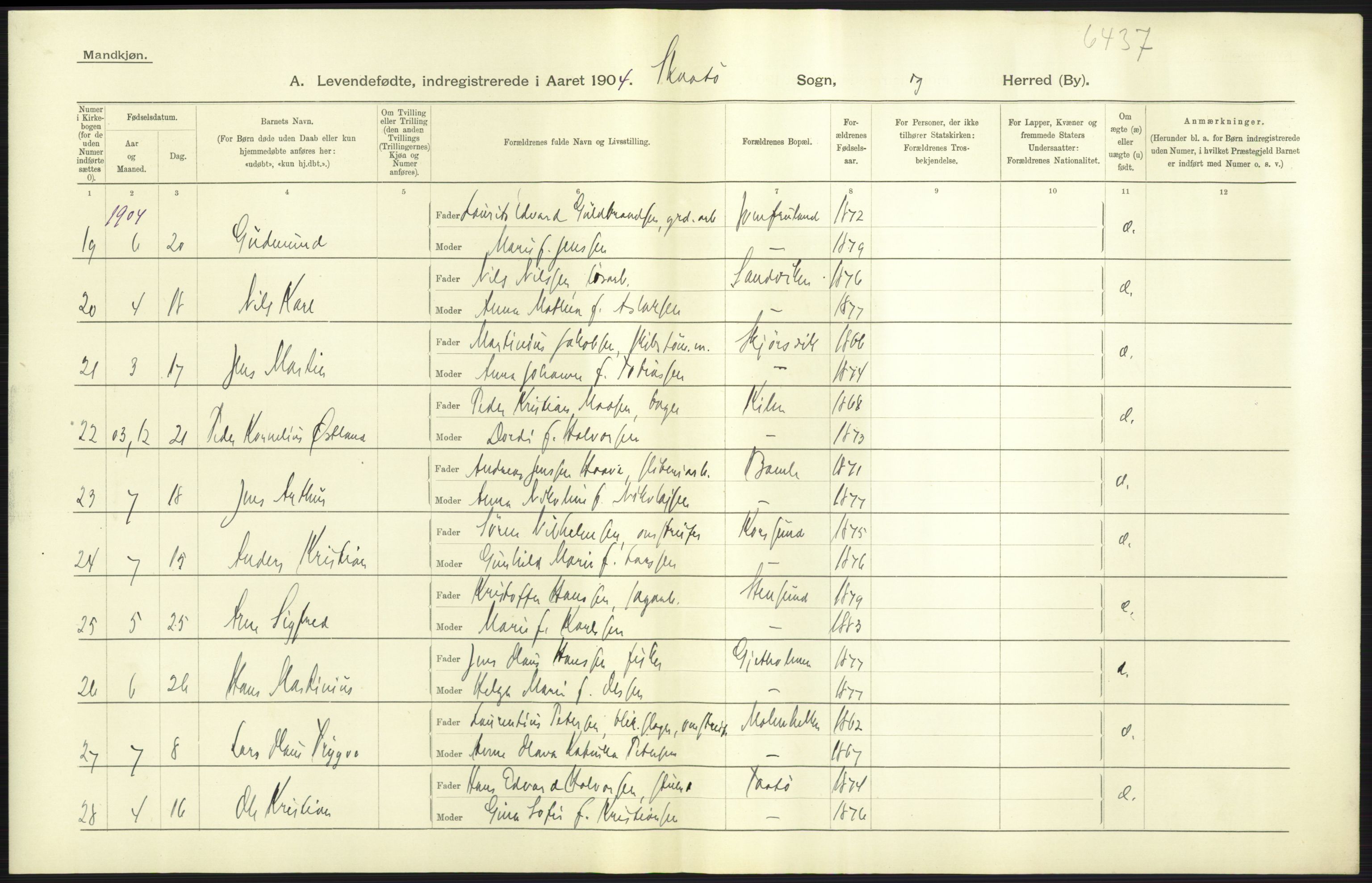 Statistisk sentralbyrå, Sosiodemografiske emner, Befolkning, AV/RA-S-2228/D/Df/Dfa/Dfab/L0009: Bratsberg amt: Fødte, gifte, døde, 1904, p. 37