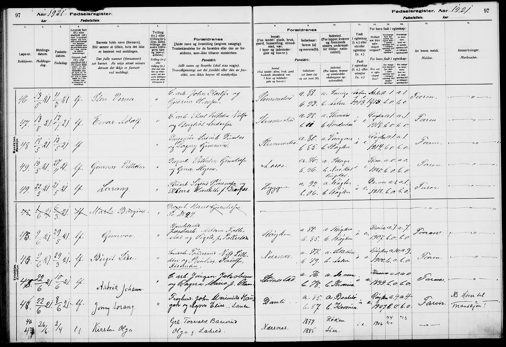 Røyken kirkebøker, AV/SAKO-A-241/J/Ja/L0001: Birth register no. 1, 1916-1927, p. 97