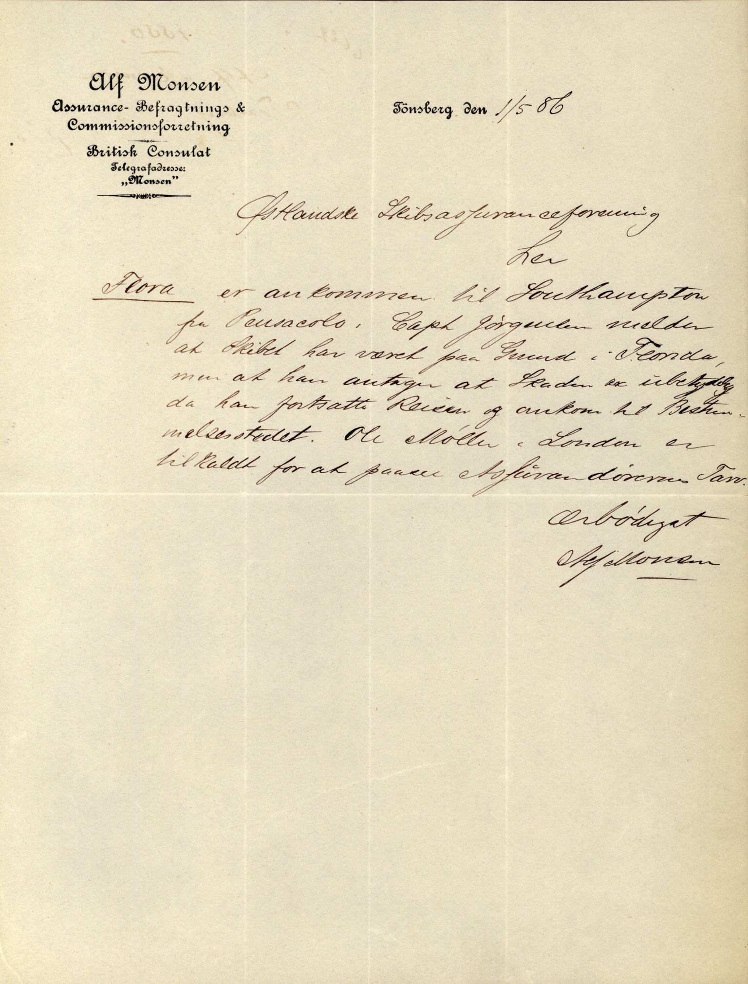 Pa 63 - Østlandske skibsassuranceforening, VEMU/A-1079/G/Ga/L0019/0007: Havaridokumenter / Flora, Foldin, Fix, Flora, Hast, Kvik, Pehr, 1886-1887, p. 2