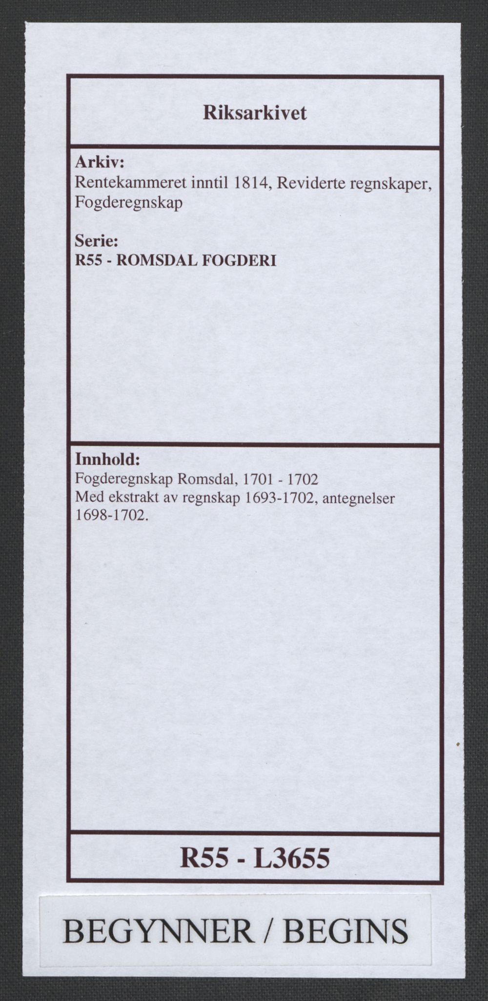 Rentekammeret inntil 1814, Reviderte regnskaper, Fogderegnskap, AV/RA-EA-4092/R55/L3655: Fogderegnskap Romsdal, 1701-1702, p. 1