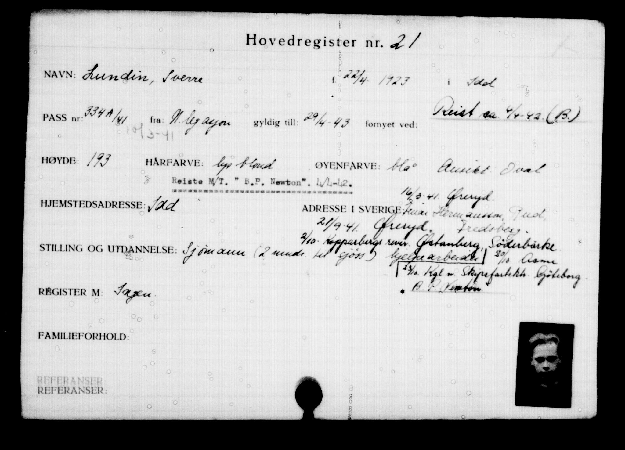 Utenriksstasjonene, Legasjonen i Stockholm, Flyktningkontoret, AV/RA-S-6753/V/Va/L0001: Kjesäterkartoteket, flyktninger med registreringsnr. 1-1000, 1940-1945, p. 32