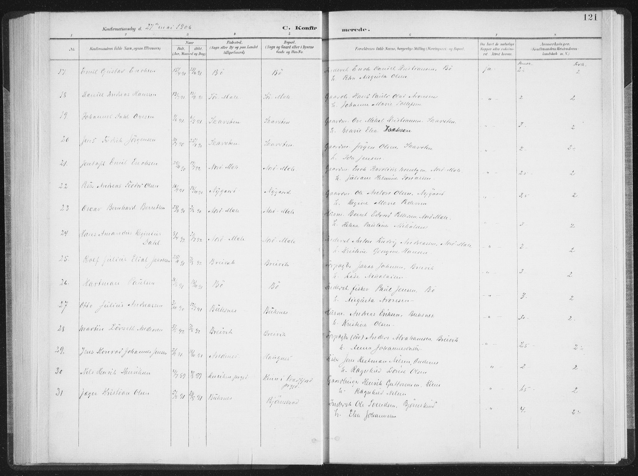 Ministerialprotokoller, klokkerbøker og fødselsregistre - Nordland, AV/SAT-A-1459/897/L1400: Parish register (official) no. 897A07, 1897-1908, p. 121