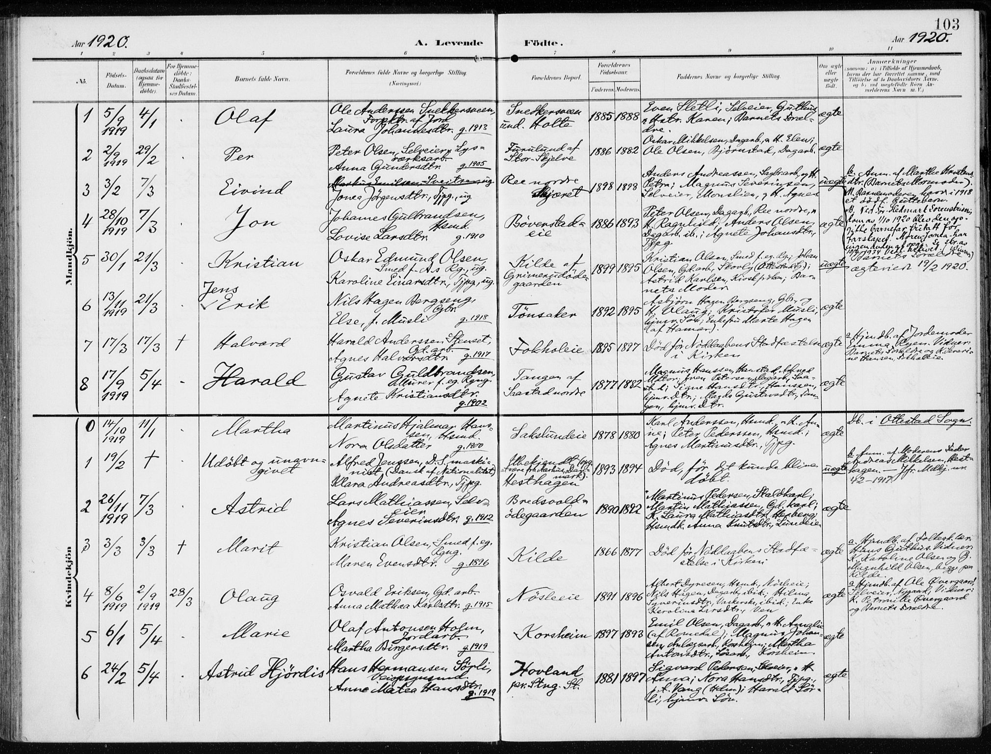 Stange prestekontor, SAH/PREST-002/K/L0024: Parish register (official) no. 24, 1906-1922, p. 103