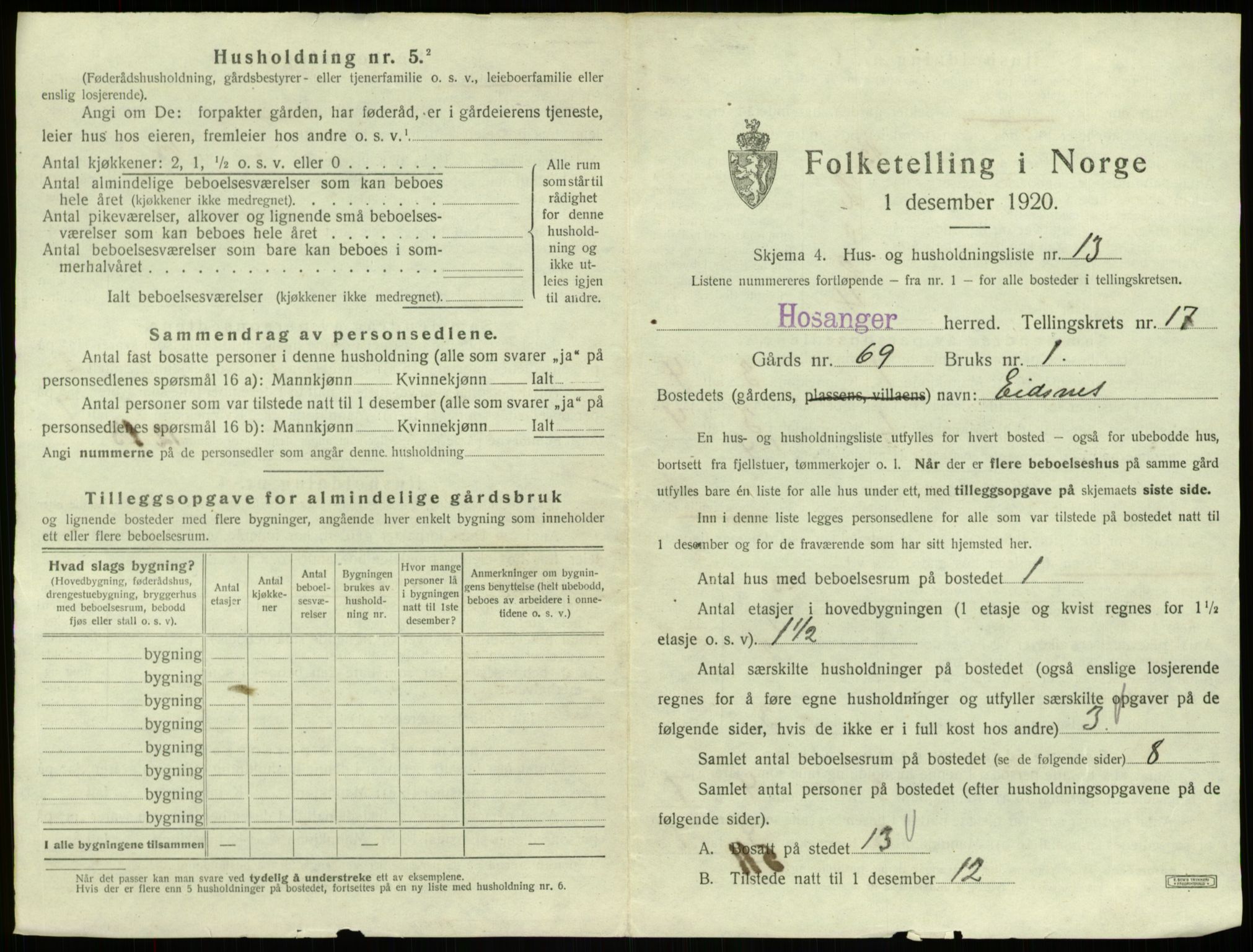 SAB, 1920 census for Hosanger, 1920, p. 909