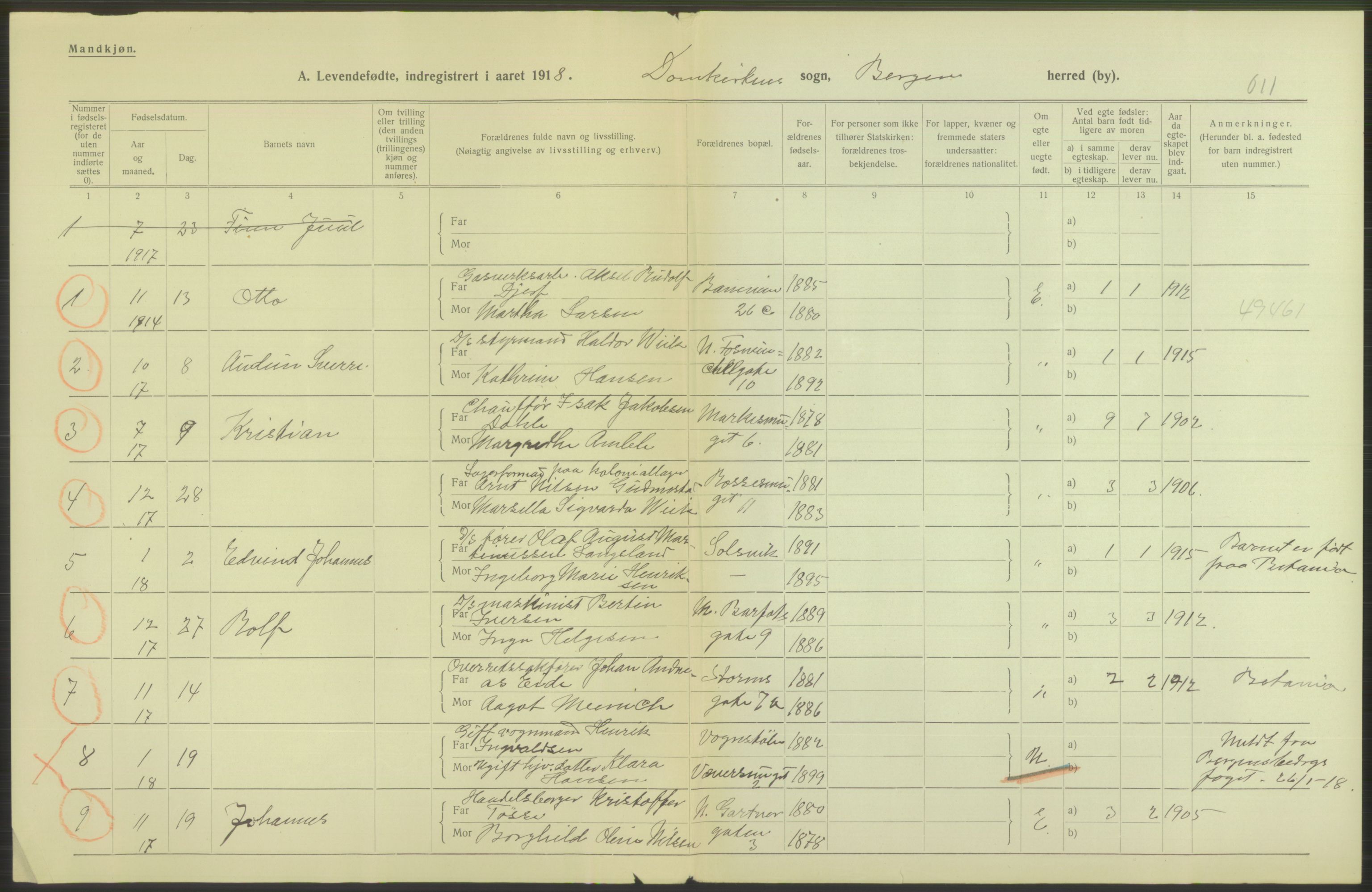 Statistisk sentralbyrå, Sosiodemografiske emner, Befolkning, RA/S-2228/D/Df/Dfb/Dfbh/L0037: Bergen: Levendefødte menn og kvinner., 1918, p. 554