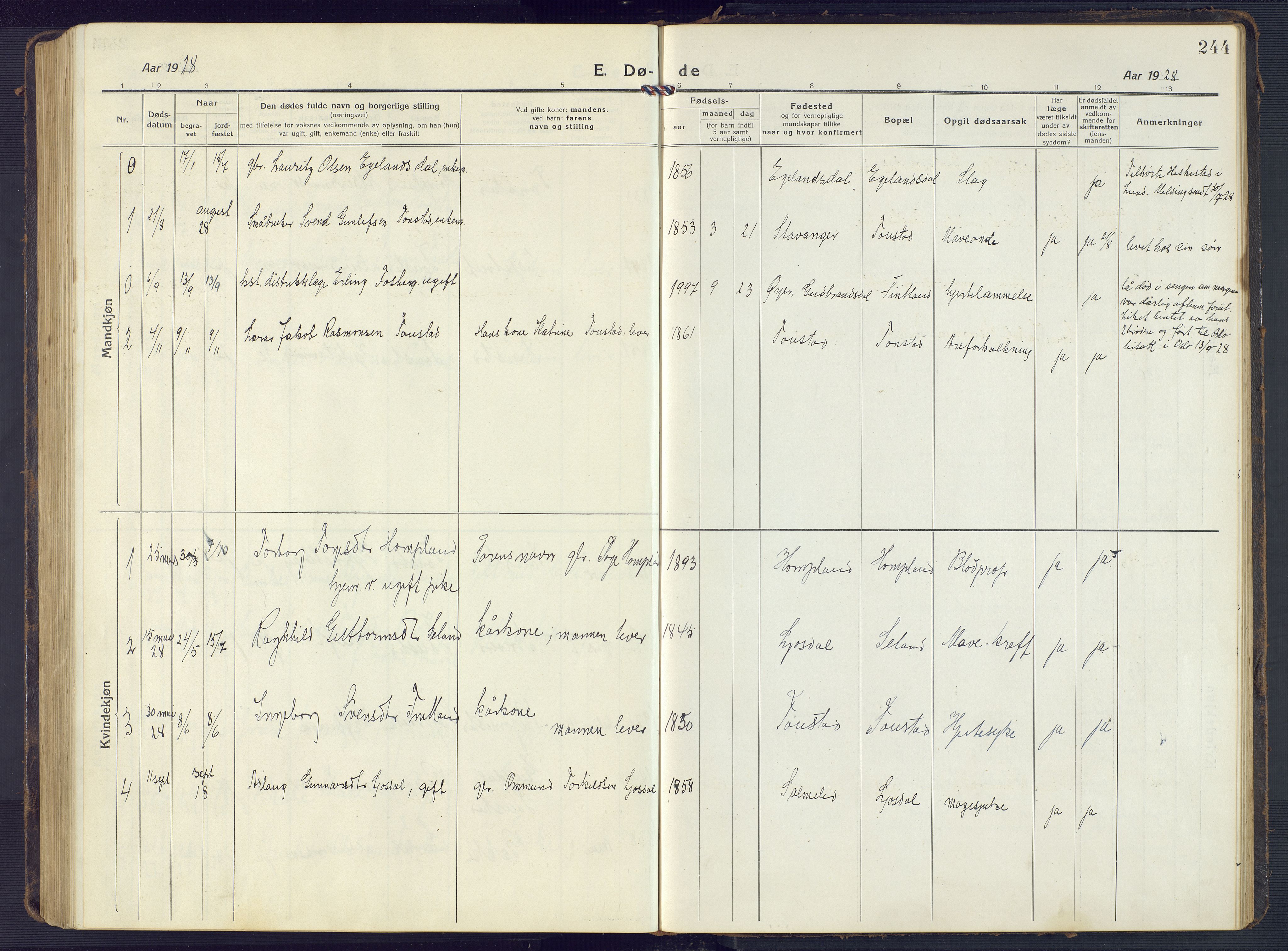 Sirdal sokneprestkontor, SAK/1111-0036/F/Fb/Fbb/L0005: Parish register (copy) no. B 5, 1916-1960, p. 244