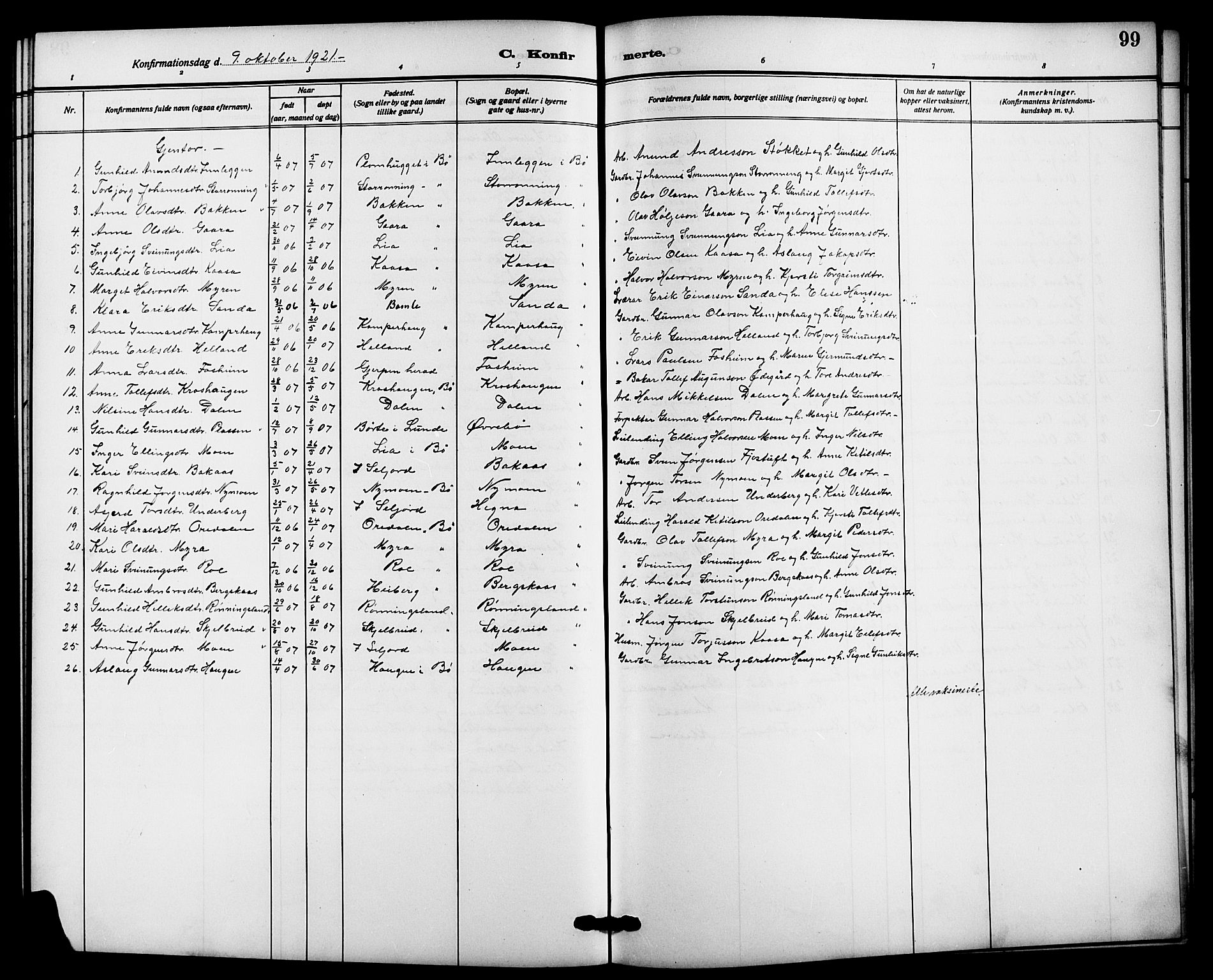 Bø kirkebøker, SAKO/A-257/G/Ga/L0007: Parish register (copy) no. 7, 1909-1924, p. 99