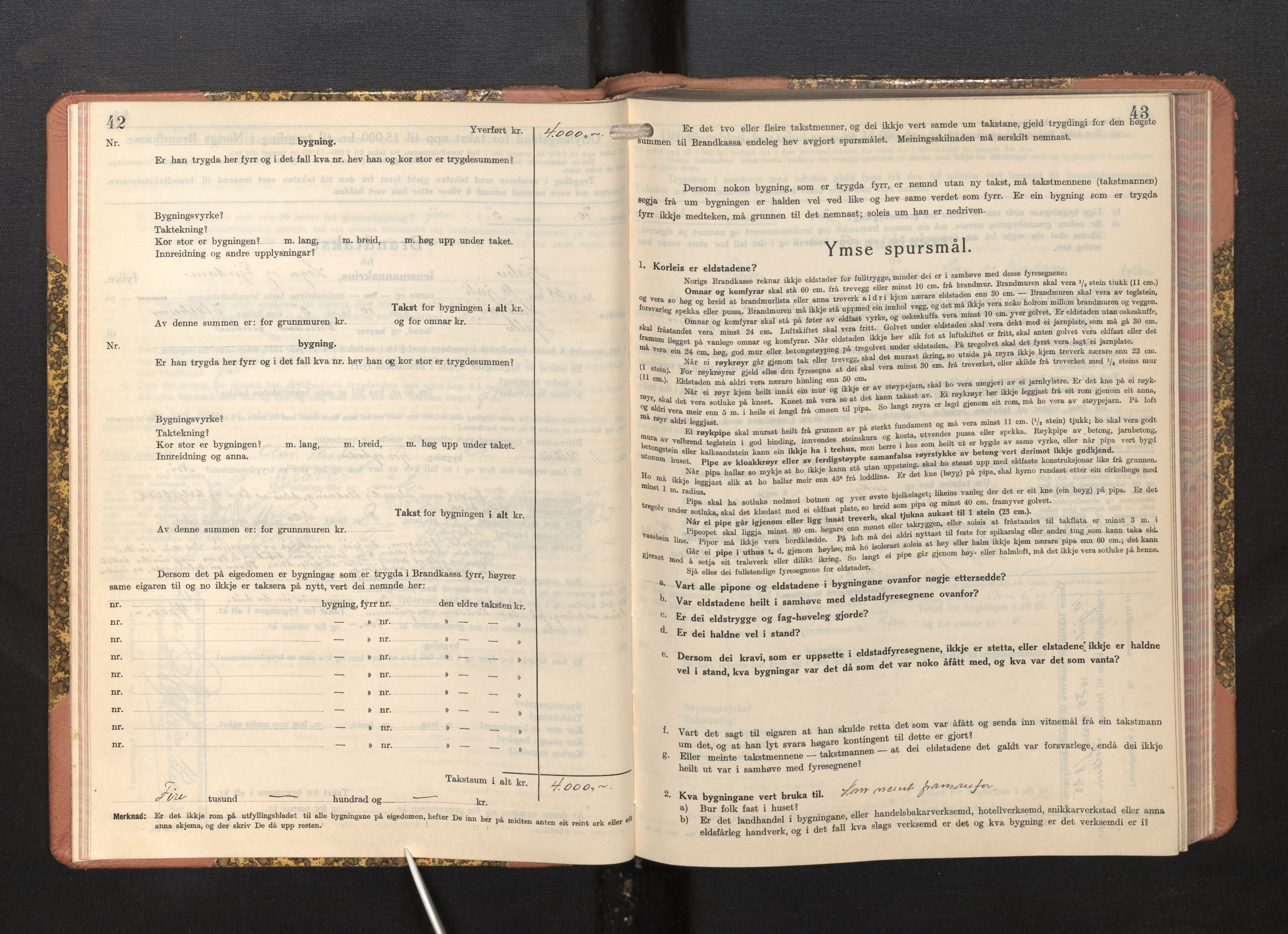 Lensmannen i Fjaler, AV/SAB-A-27201/0012/L0007: Branntakstprotokoll, skjematakst, 1937-1950, p. 42-43