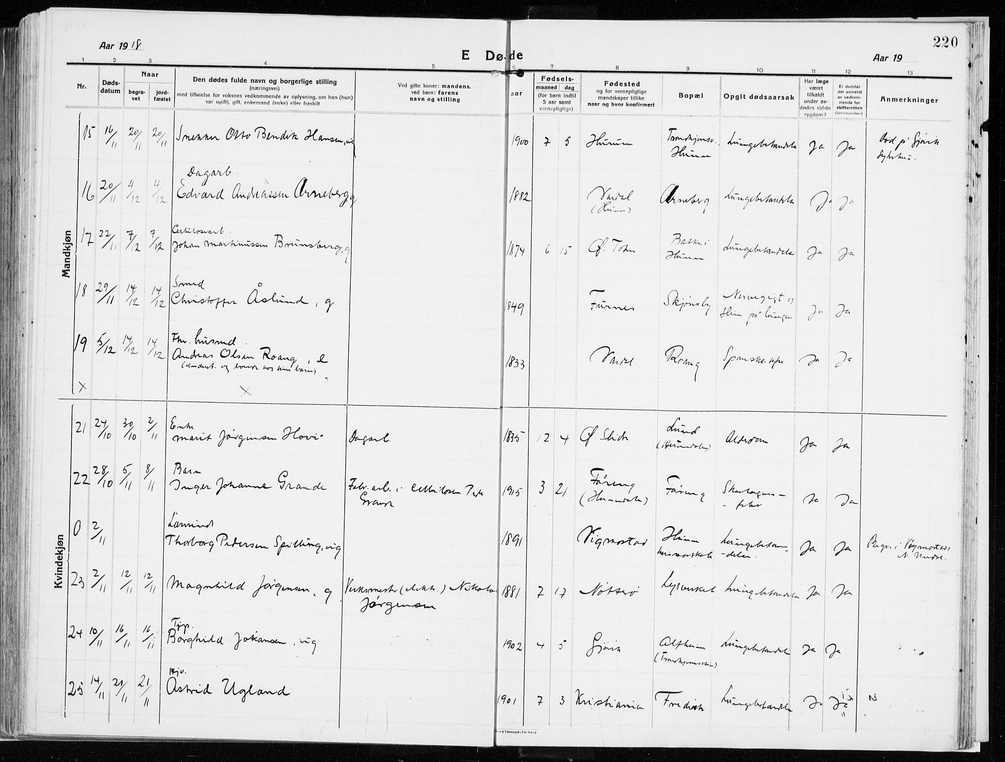 Vardal prestekontor, AV/SAH-PREST-100/H/Ha/Haa/L0017: Parish register (official) no. 17, 1915-1929, p. 220