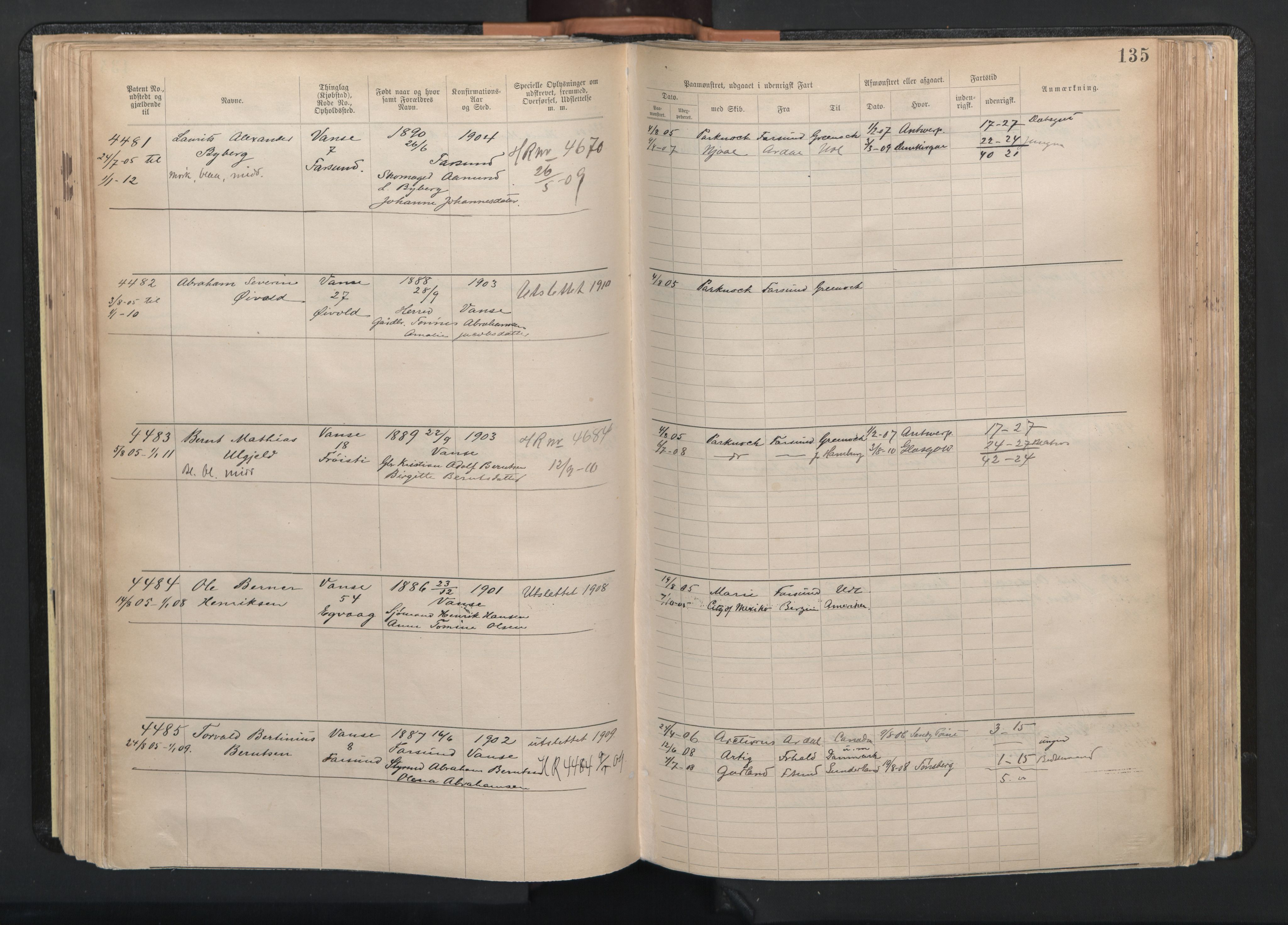 Farsund mønstringskrets, AV/SAK-2031-0017/F/Fa/L0003: Annotasjonsrulle nr 3816-5304 med register, M-3, 1894-1948, p. 166