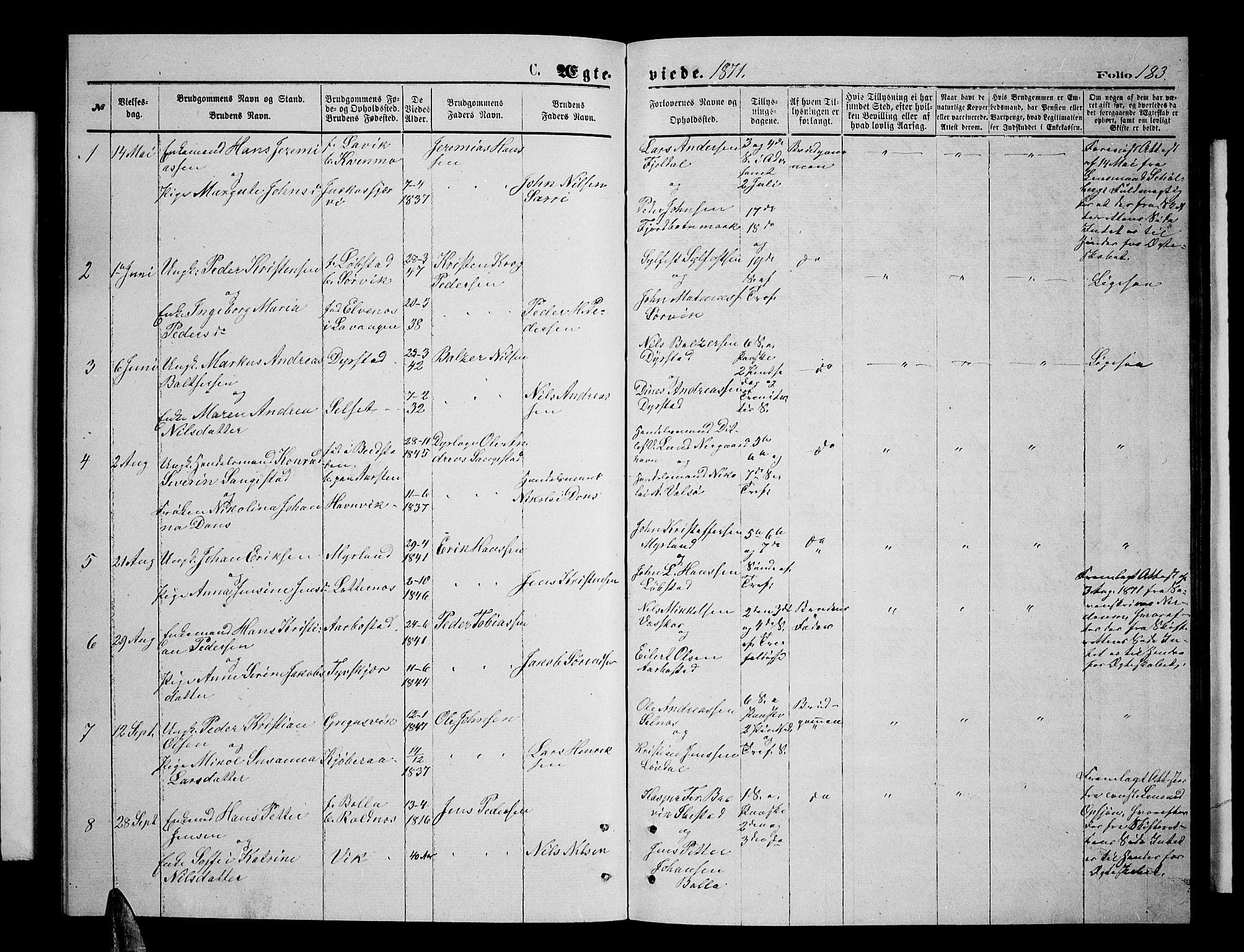 Ibestad sokneprestembete, SATØ/S-0077/H/Ha/Hab/L0006klokker: Parish register (copy) no. 6, 1871-1879, p. 183