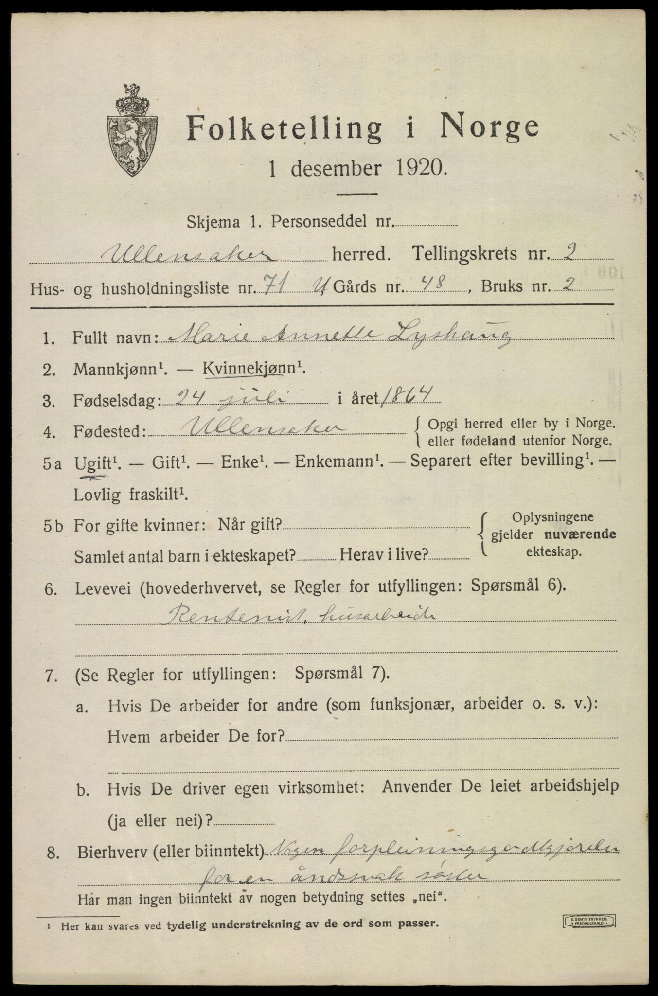 SAO, 1920 census for Ullensaker, 1920, p. 5527