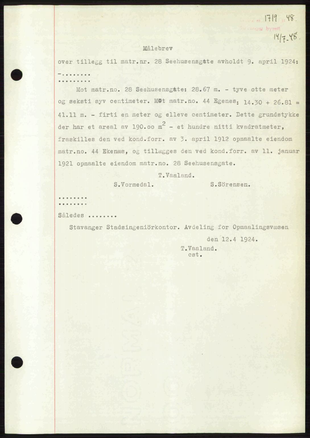 Stavanger byrett, SAST/A-100455/002/G/Gb/L0022: Mortgage book no. A11, 1947-1948, Diary no: : 1719/1948