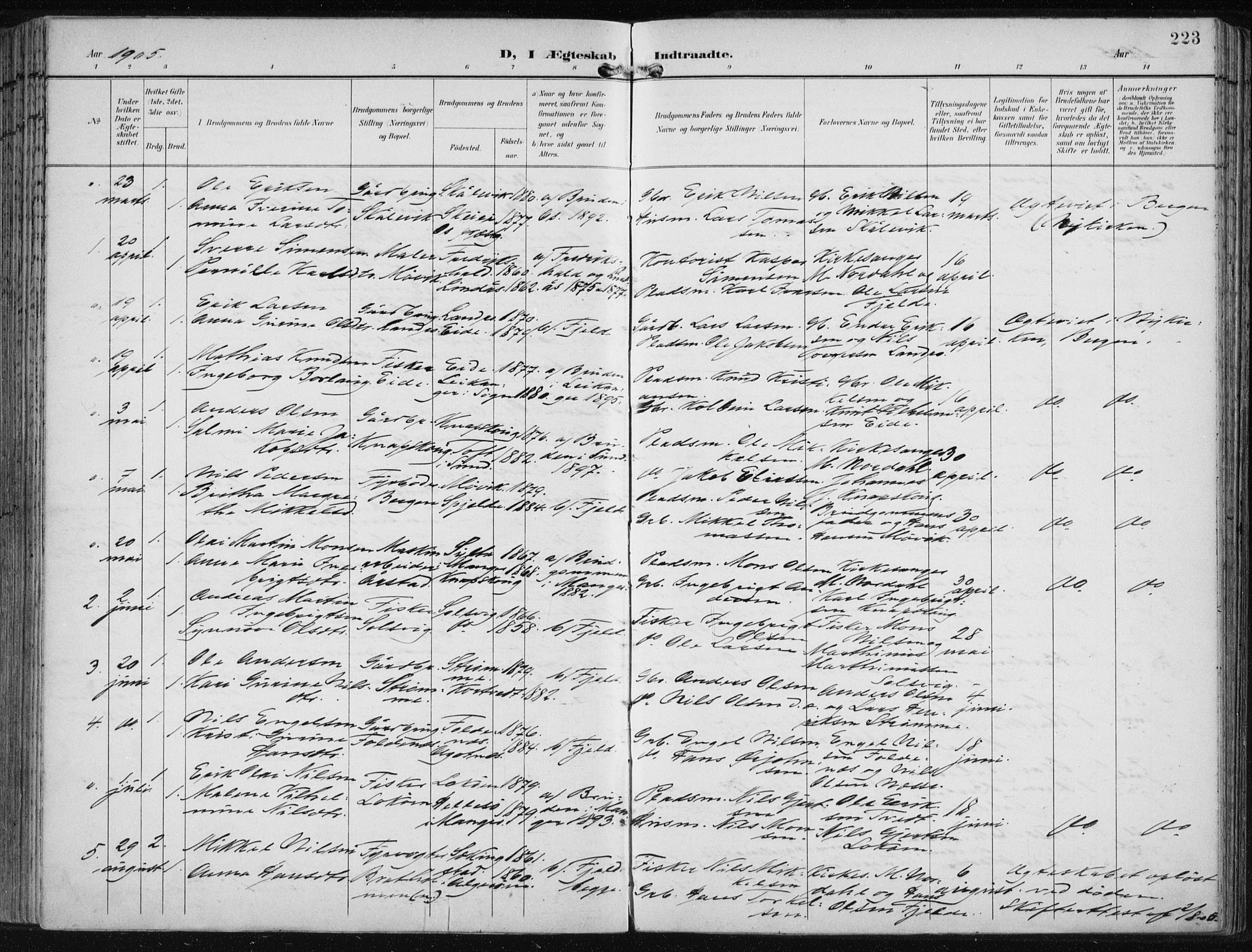 Fjell sokneprestembete, SAB/A-75301/H/Haa: Parish register (official) no. A  9, 1899-1910, p. 223