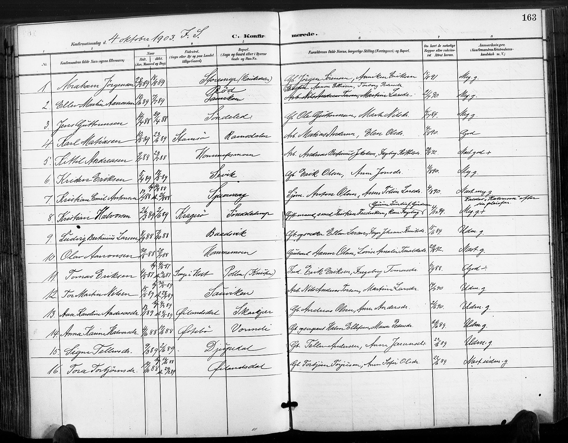 Søndeled sokneprestkontor, SAK/1111-0038/F/Fa/L0006: Parish register (official) no. A 6, 1900-1922, p. 163