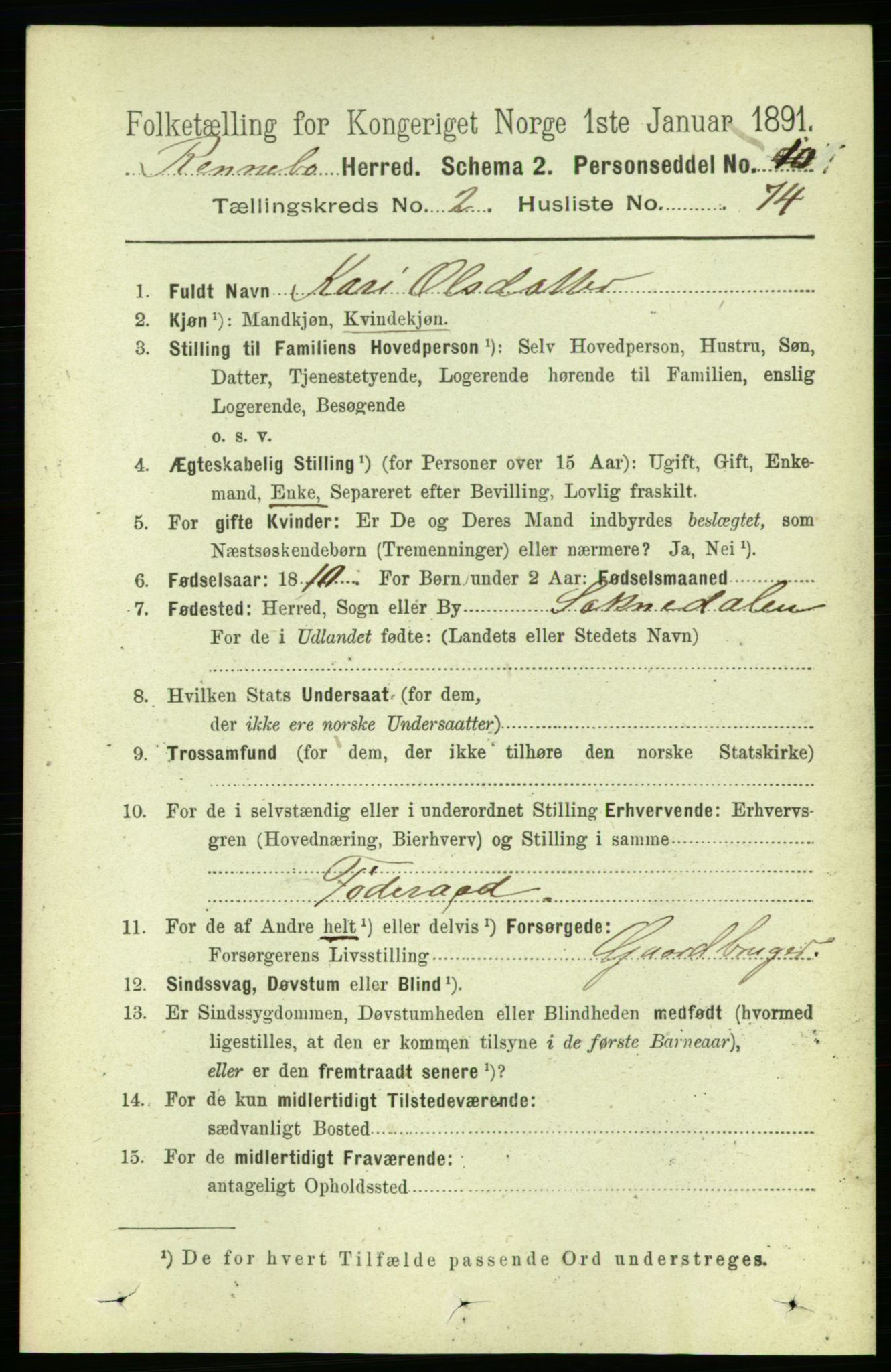 RA, 1891 census for 1635 Rennebu, 1891, p. 1169