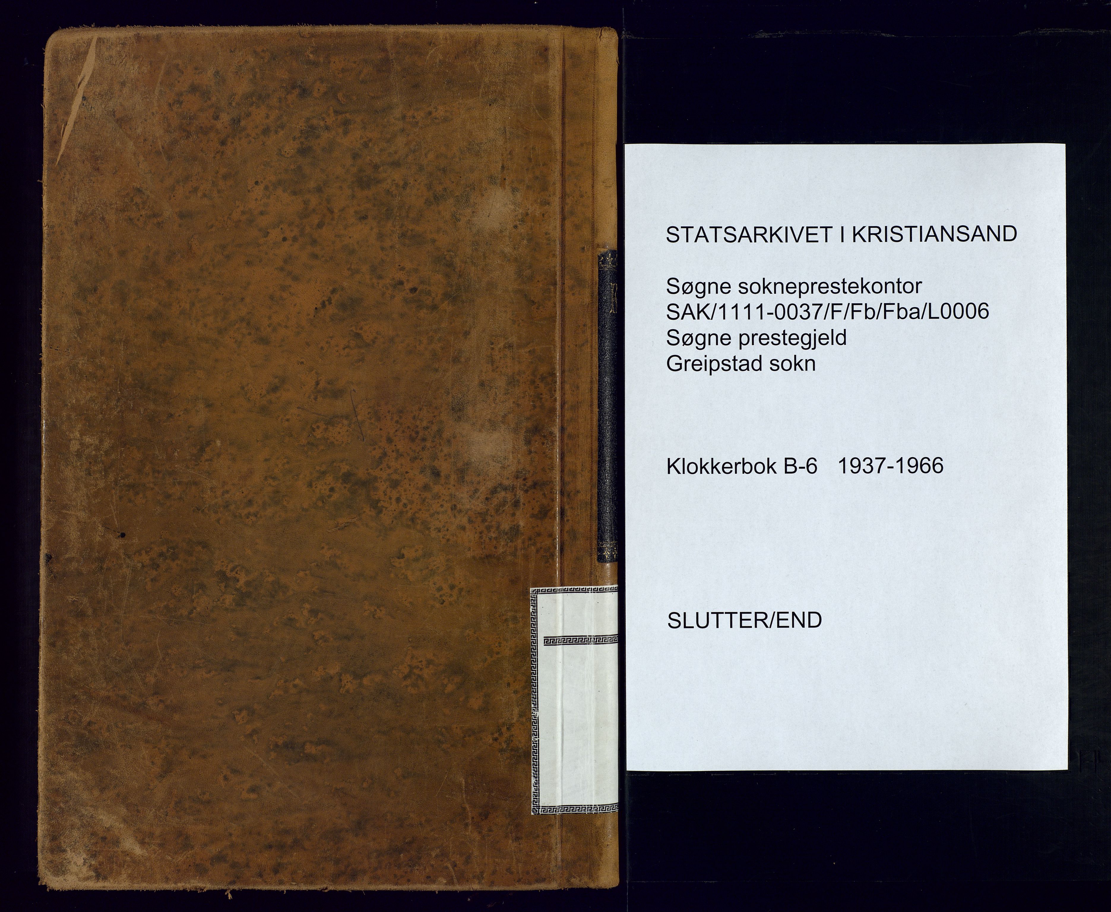 Søgne sokneprestkontor, SAK/1111-0037/F/Fb/Fba/L0006: Parish register (copy) no. B-6, 1937-1966