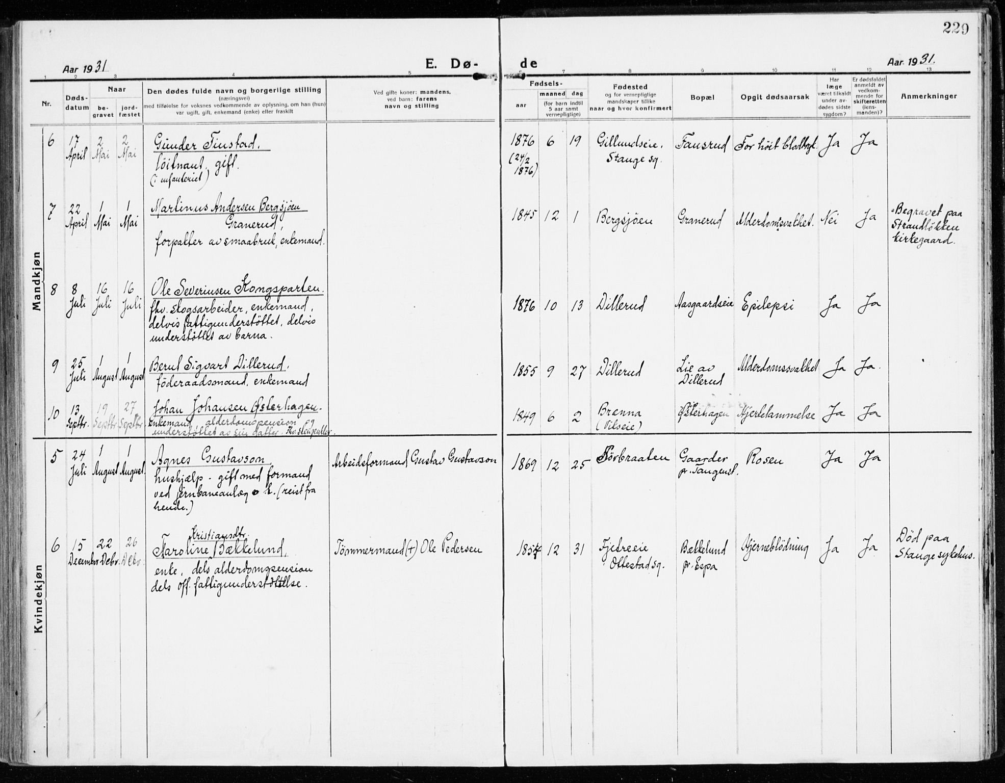 Stange prestekontor, AV/SAH-PREST-002/K/L0025: Parish register (official) no. 25, 1921-1945, p. 229