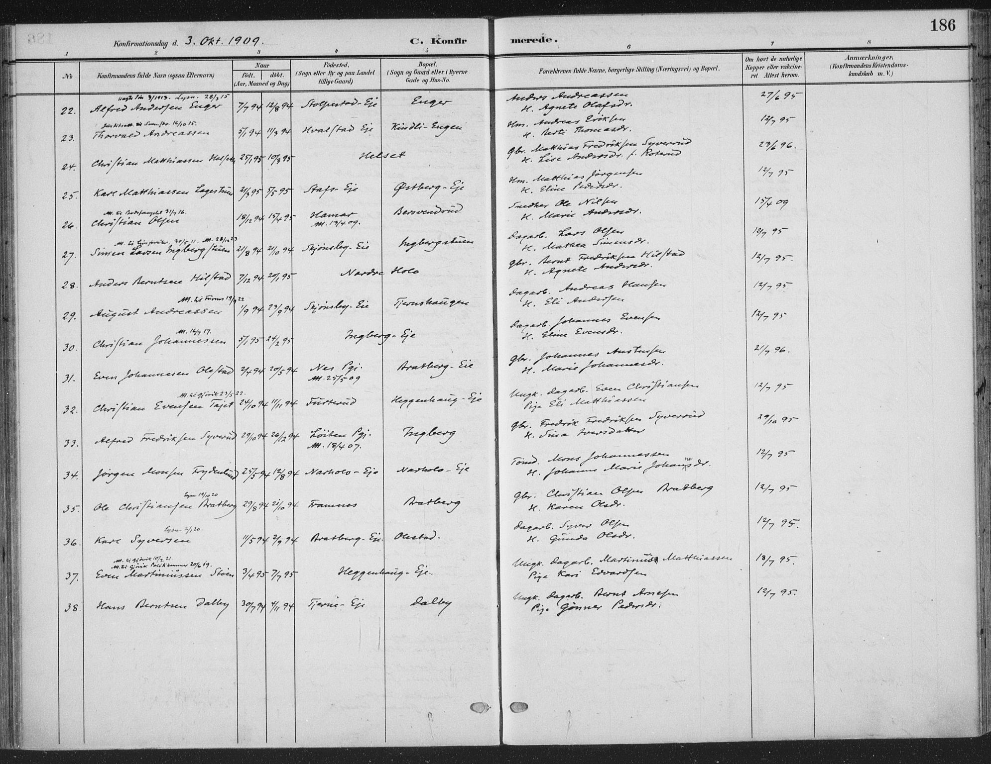 Ringsaker prestekontor, SAH/PREST-014/K/Ka/L0018: Parish register (official) no. 18, 1903-1912, p. 186