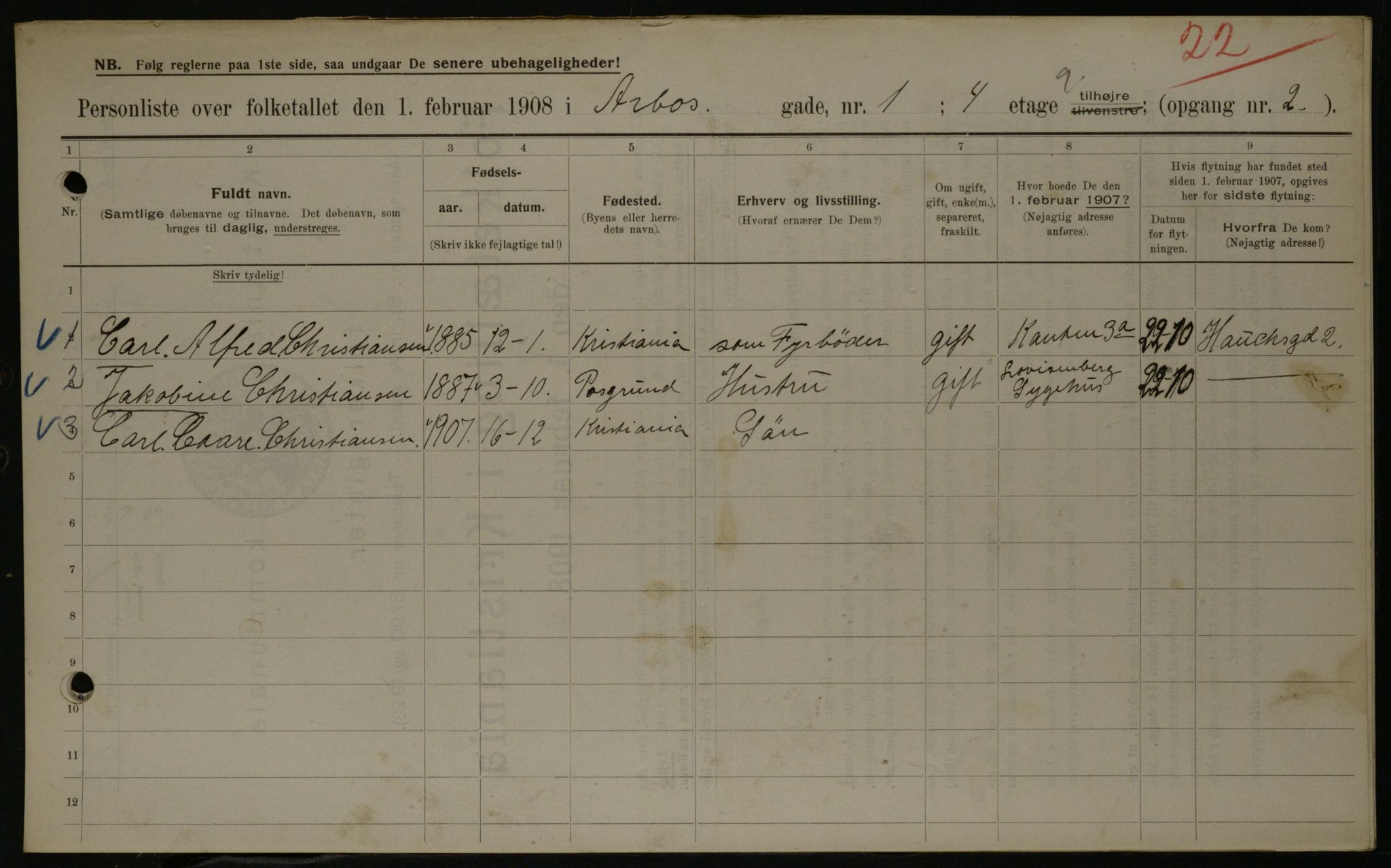 OBA, Municipal Census 1908 for Kristiania, 1908, p. 1940