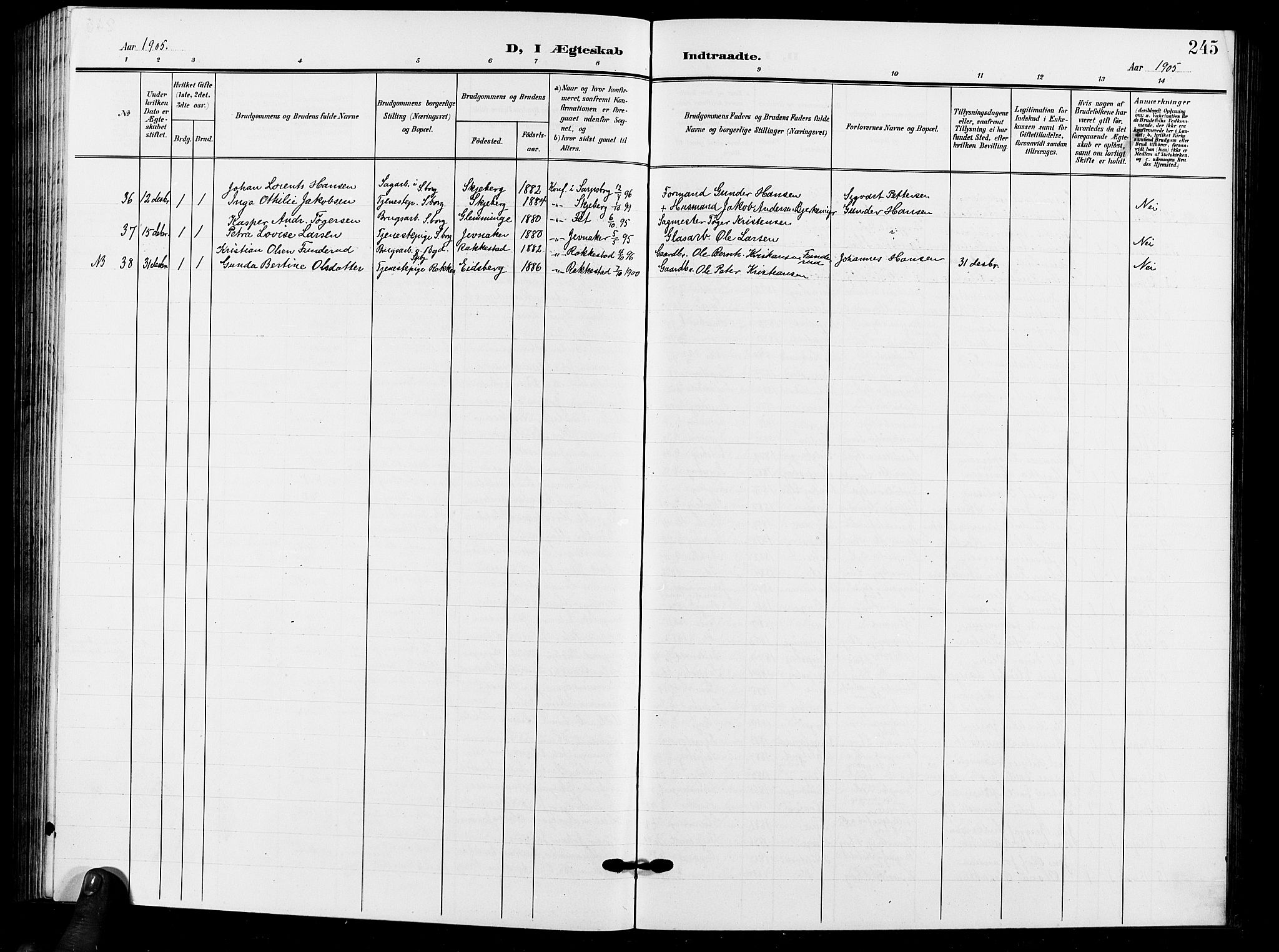 Sarpsborg prestekontor Kirkebøker, SAO/A-2006/G/Ga/L0001: Parish register (copy) no. 1, 1902-1911, p. 245