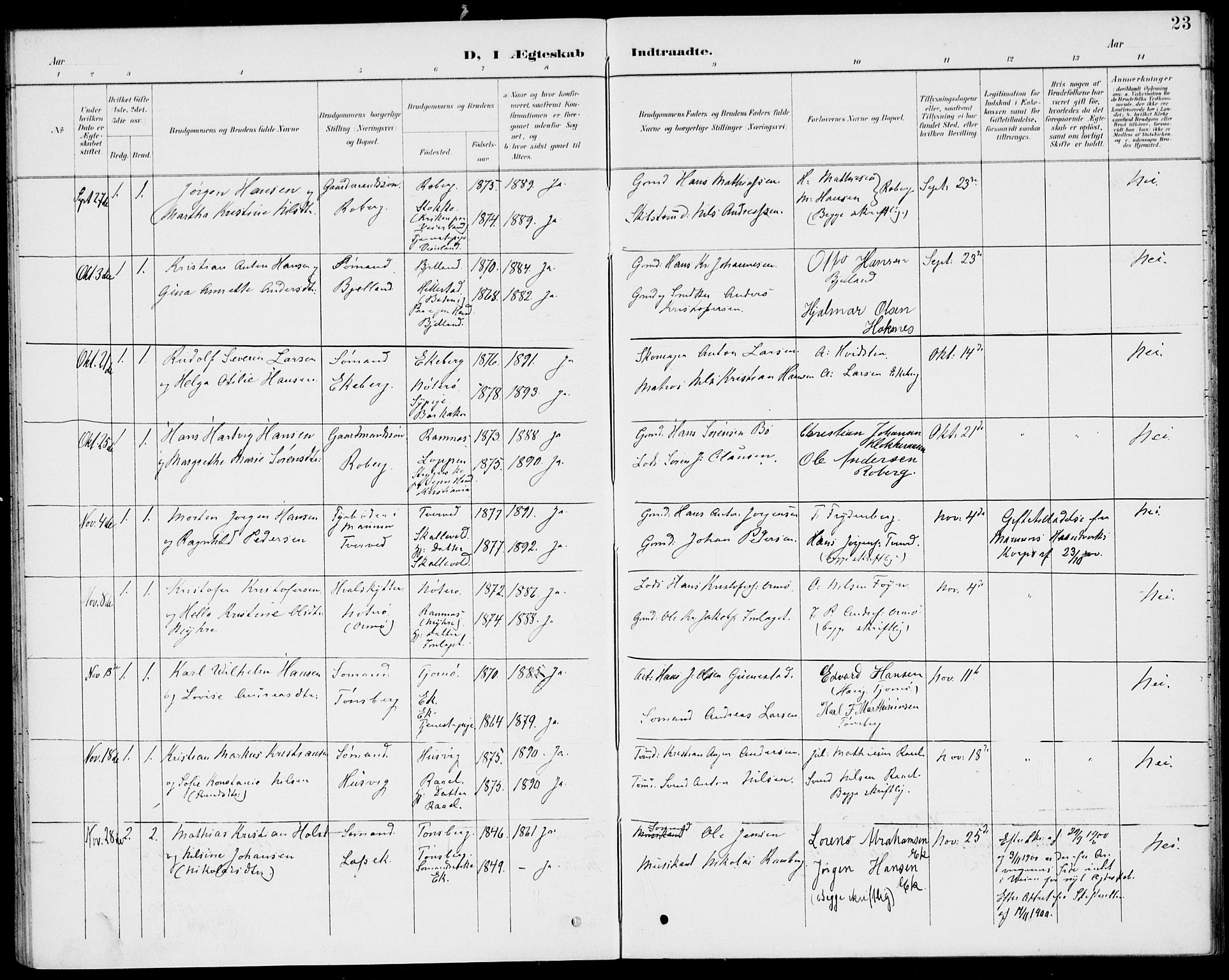 Sem kirkebøker, AV/SAKO-A-5/H/Ha/L0001: Banns register no. 1, 1894-1909, p. 23