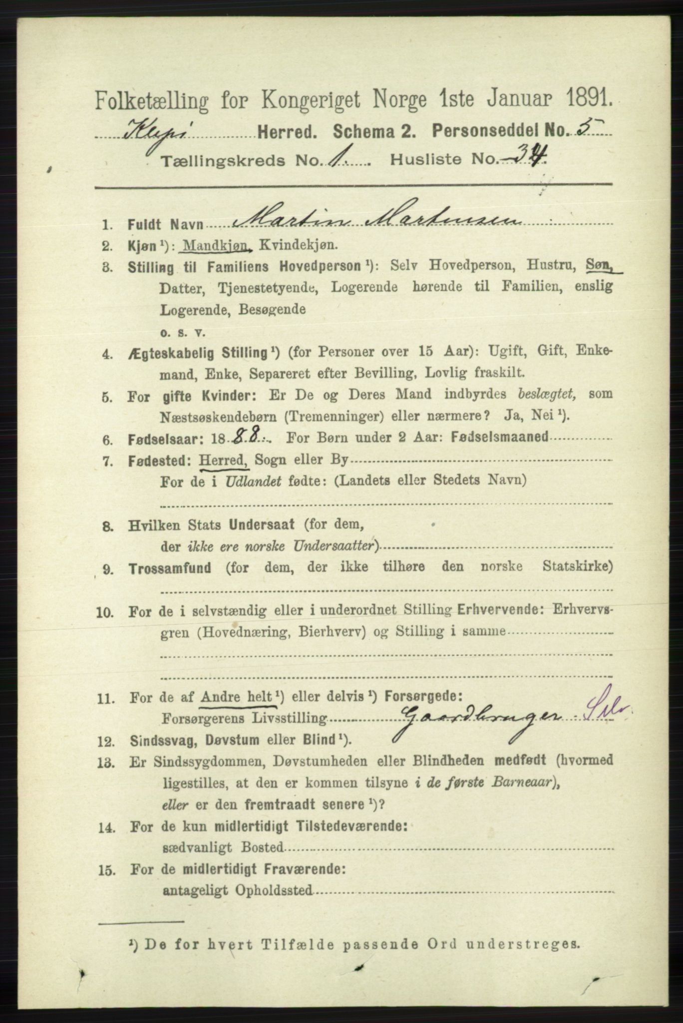 RA, 1891 census for 1120 Klepp, 1891, p. 293