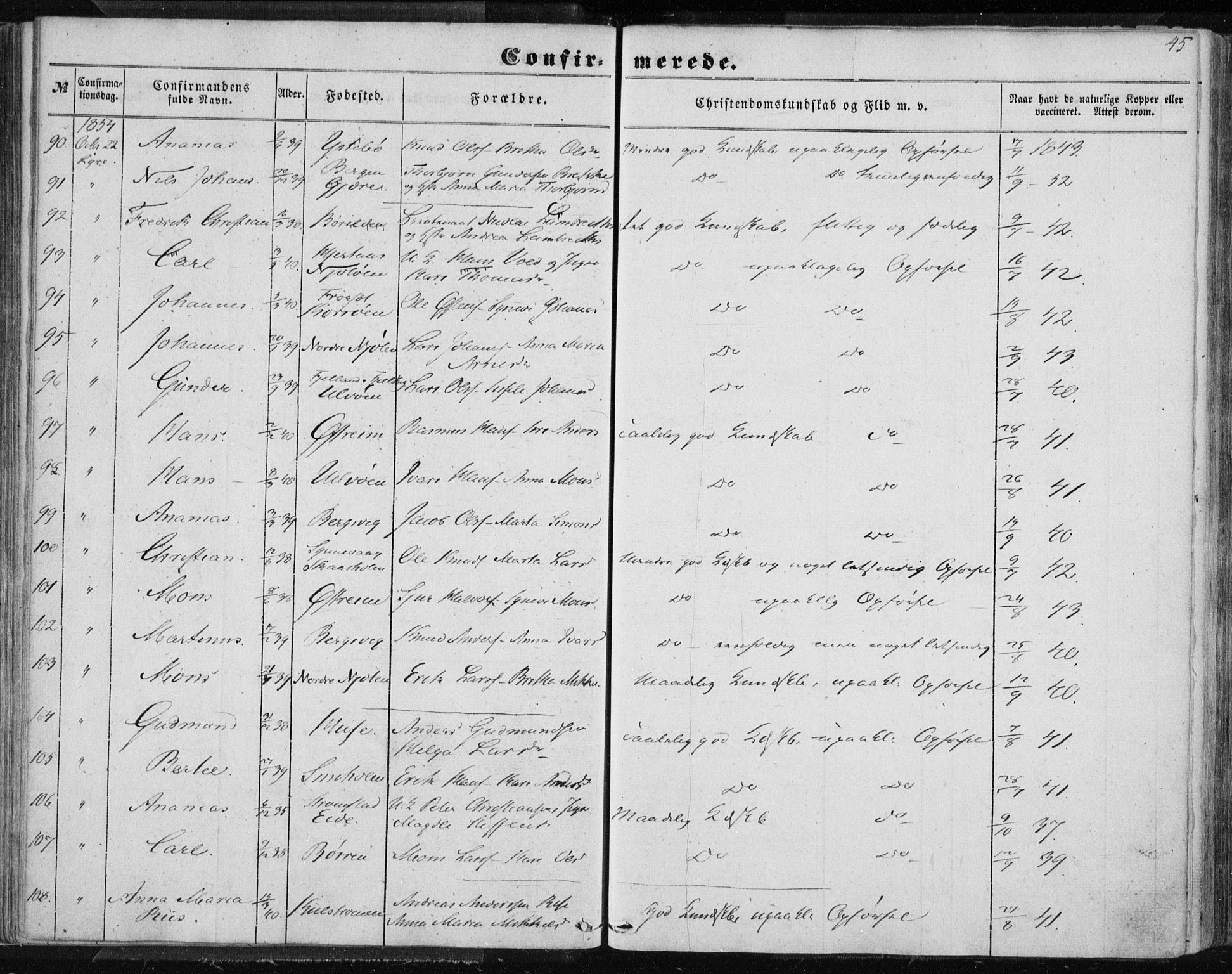 Lindås Sokneprestembete, AV/SAB-A-76701/H/Haa/Haaa/L0013: Parish register (official) no. A 13, 1848-1862, p. 45