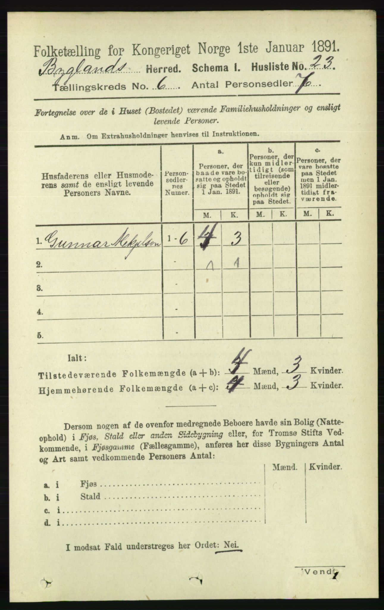 RA, 1891 census for 0938 Bygland, 1891, p. 1331