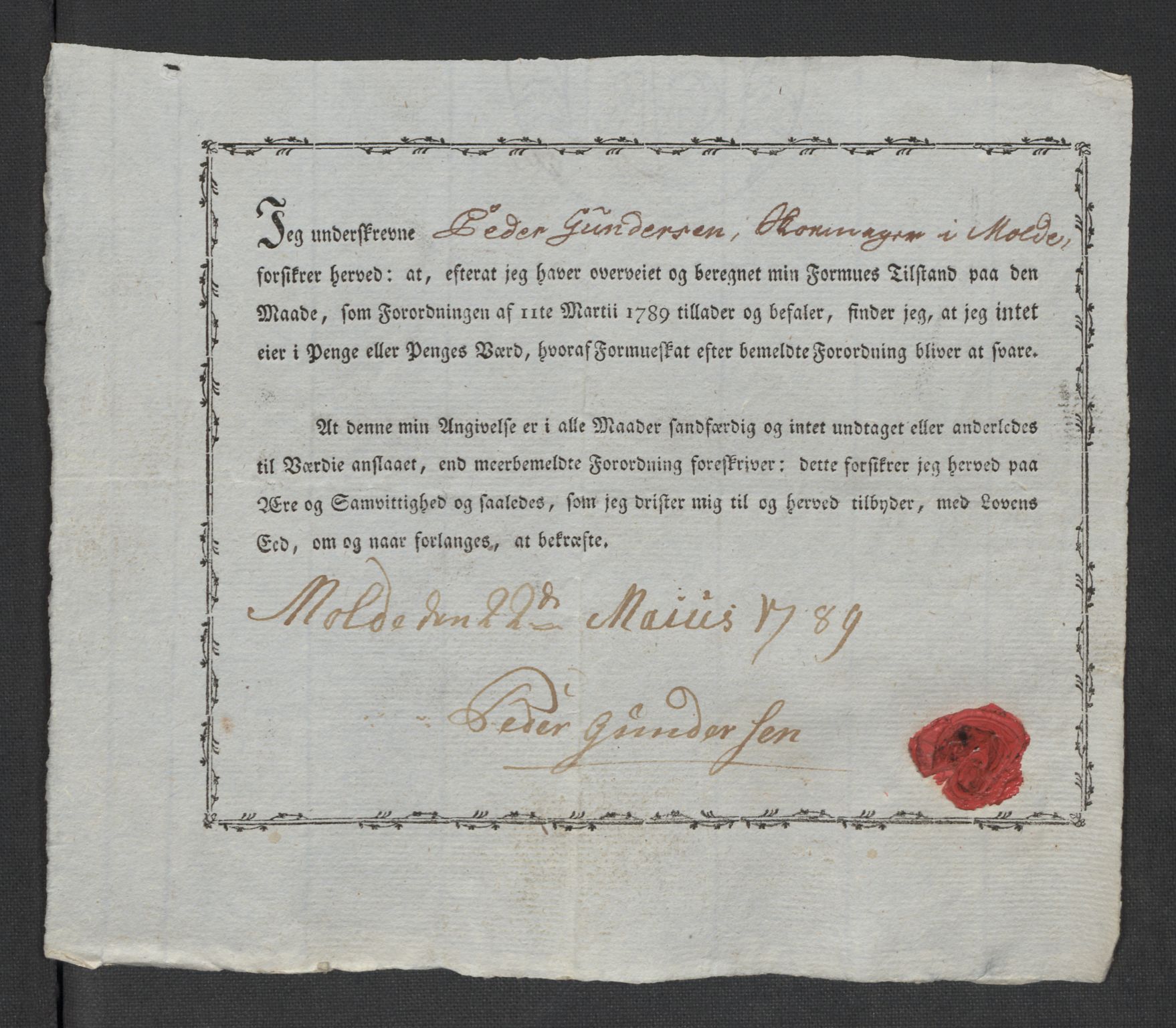 Rentekammeret inntil 1814, Reviderte regnskaper, Mindre regnskaper, RA/EA-4068/Rf/Rfe/L0024: Modum Blåfarvevverk, Molde, Moss, 1789, p. 173