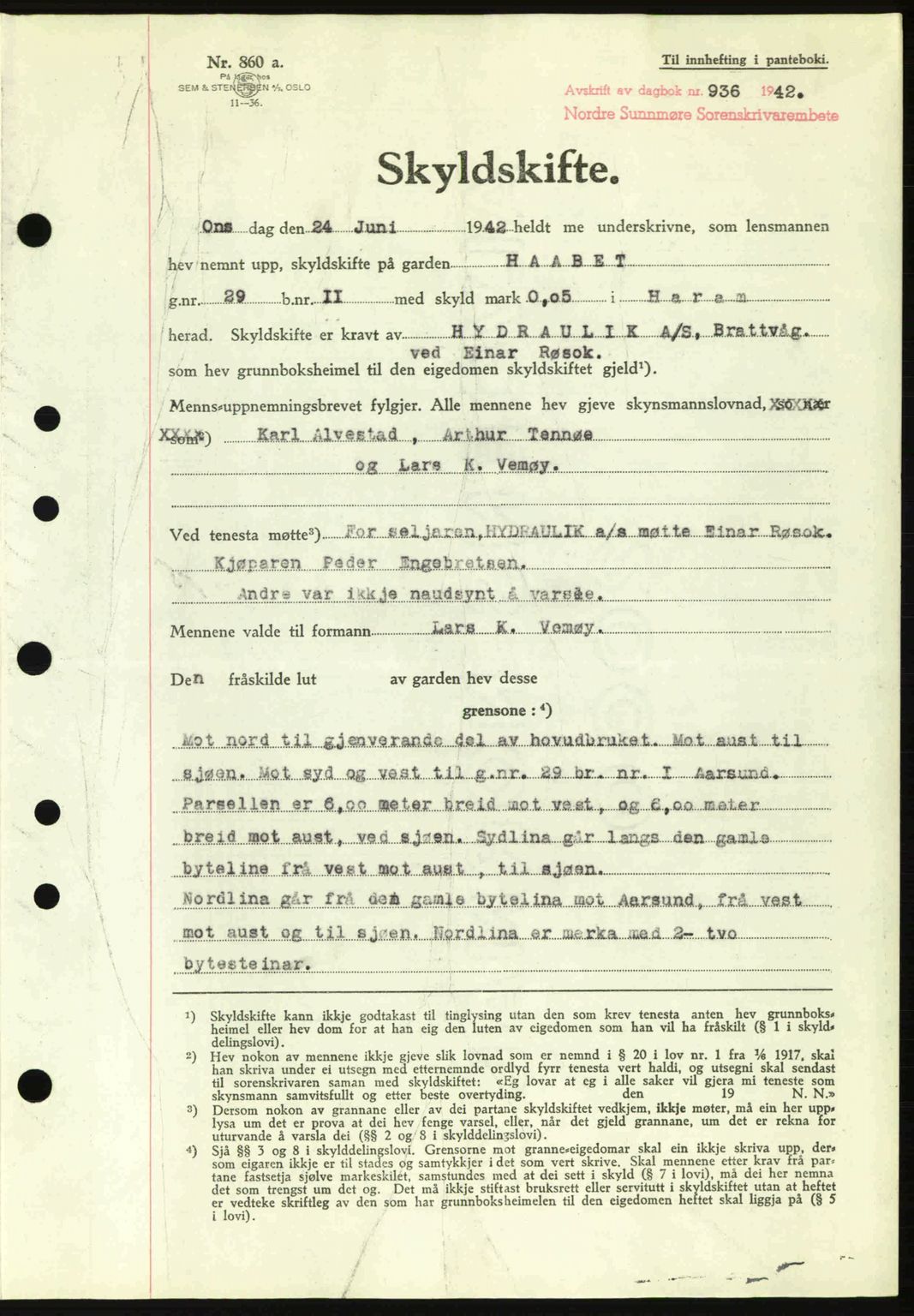 Nordre Sunnmøre sorenskriveri, AV/SAT-A-0006/1/2/2C/2Ca: Mortgage book no. A13, 1942-1942, Diary no: : 936/1942