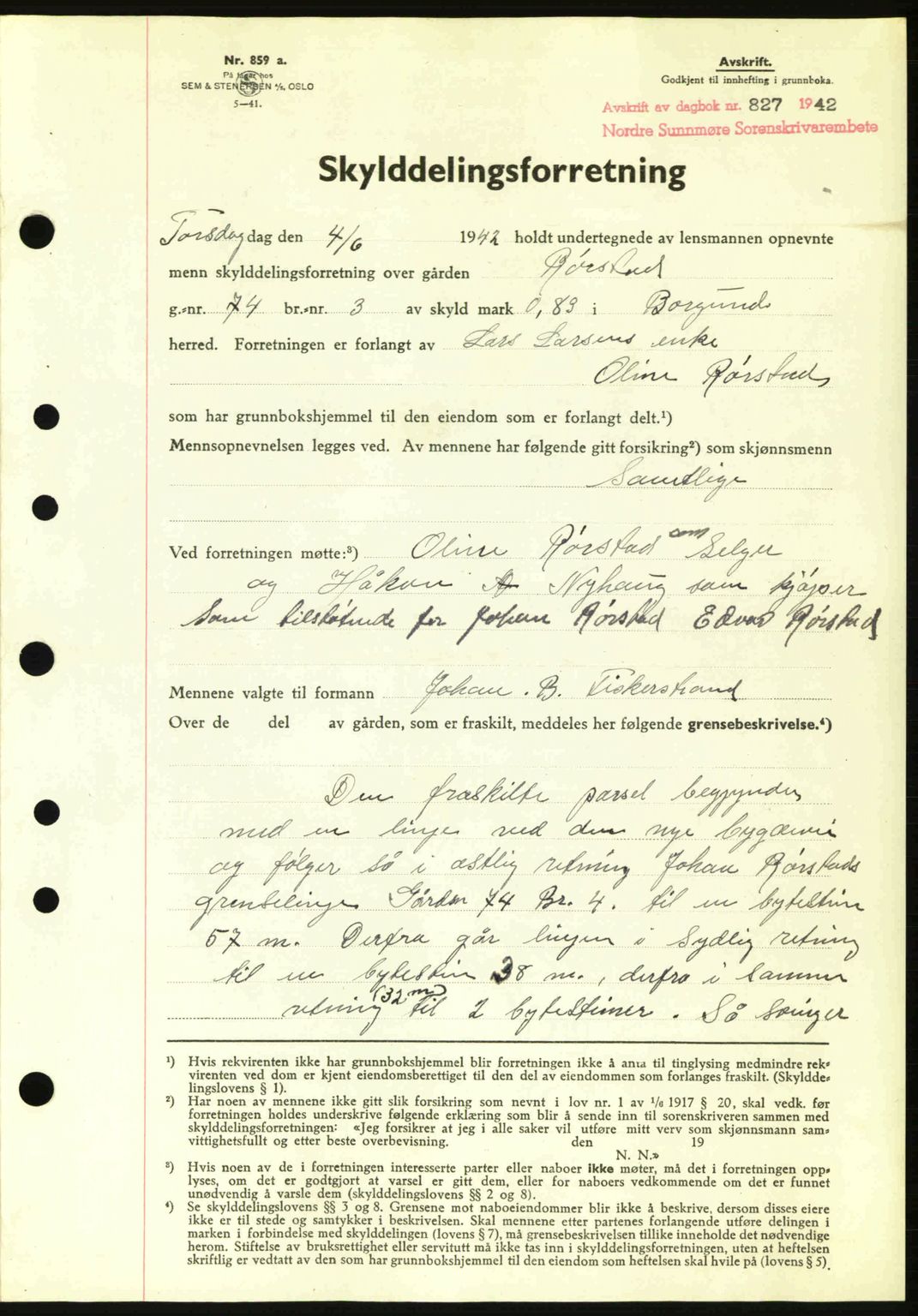 Nordre Sunnmøre sorenskriveri, AV/SAT-A-0006/1/2/2C/2Ca: Mortgage book no. A13, 1942-1942, Diary no: : 827/1942