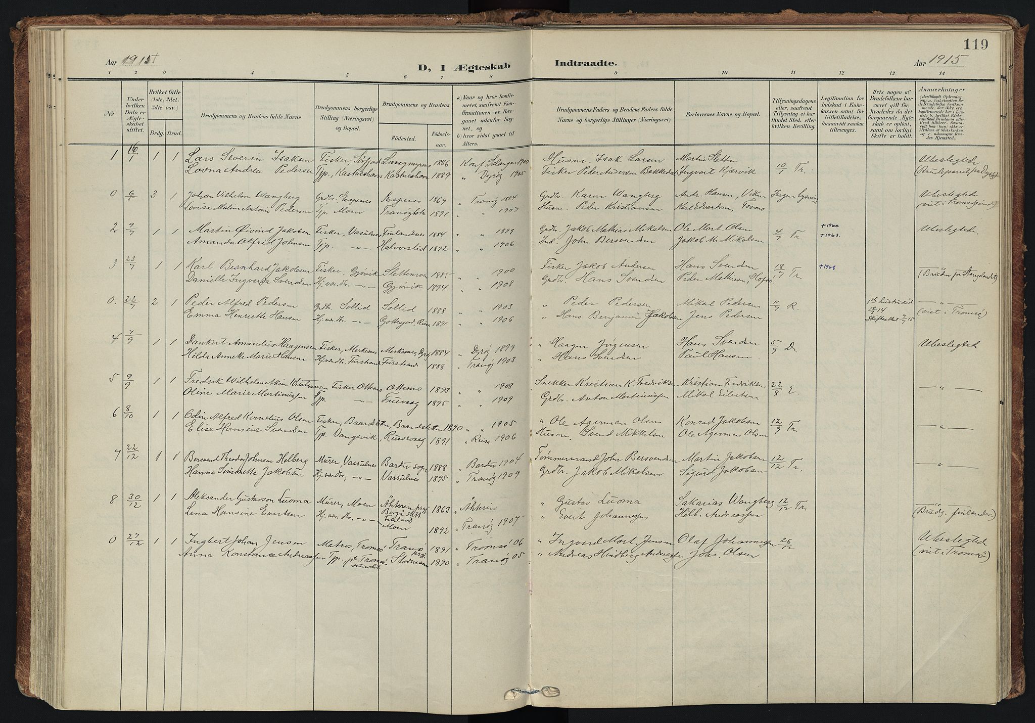 Tranøy sokneprestkontor, AV/SATØ-S-1313/I/Ia/Iaa/L0014kirke: Parish register (official) no. 14, 1905-1919, p. 119