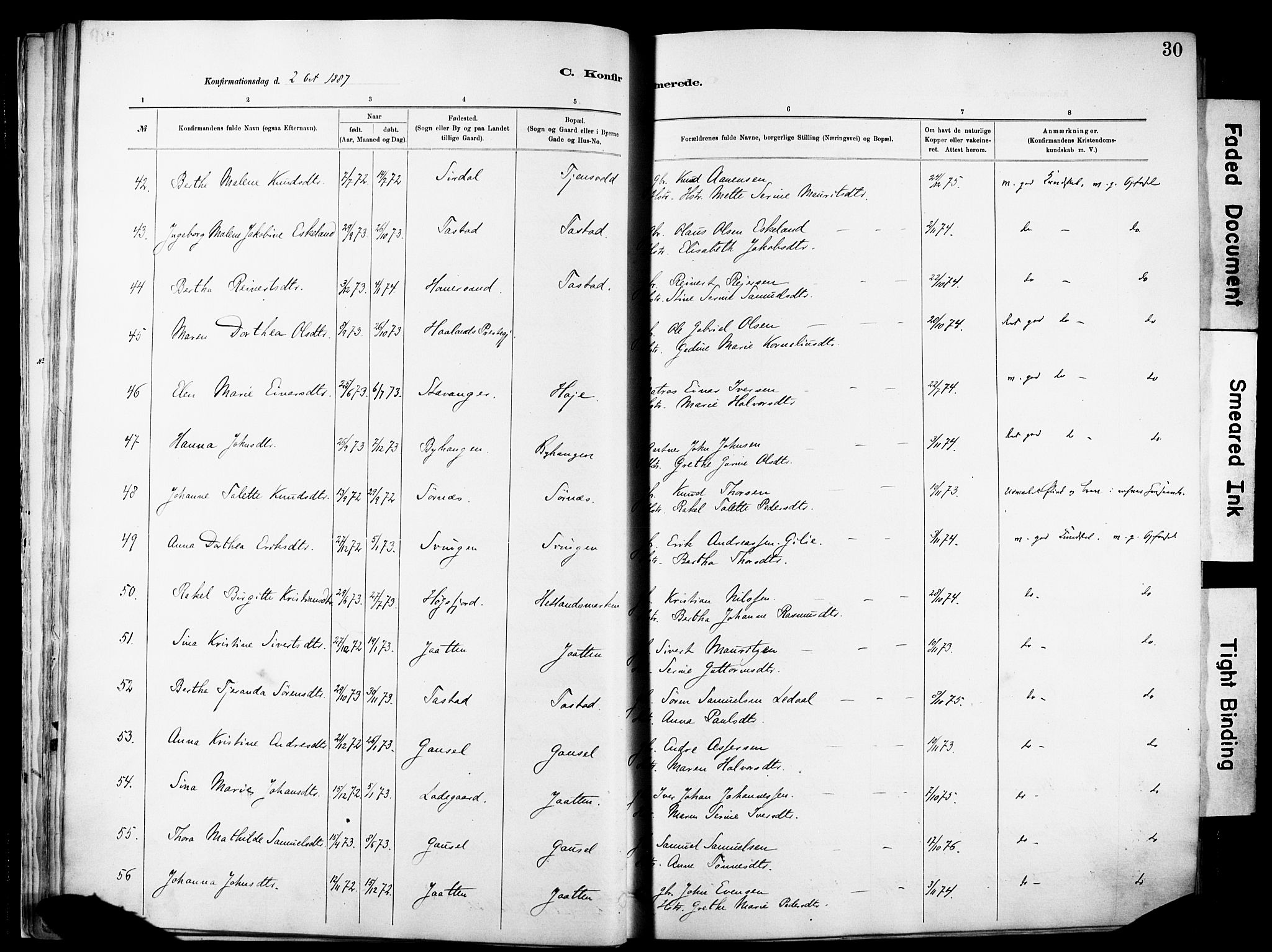 Hetland sokneprestkontor, AV/SAST-A-101826/30/30BA/L0012: Parish register (official) no. A 12, 1882-1912, p. 30