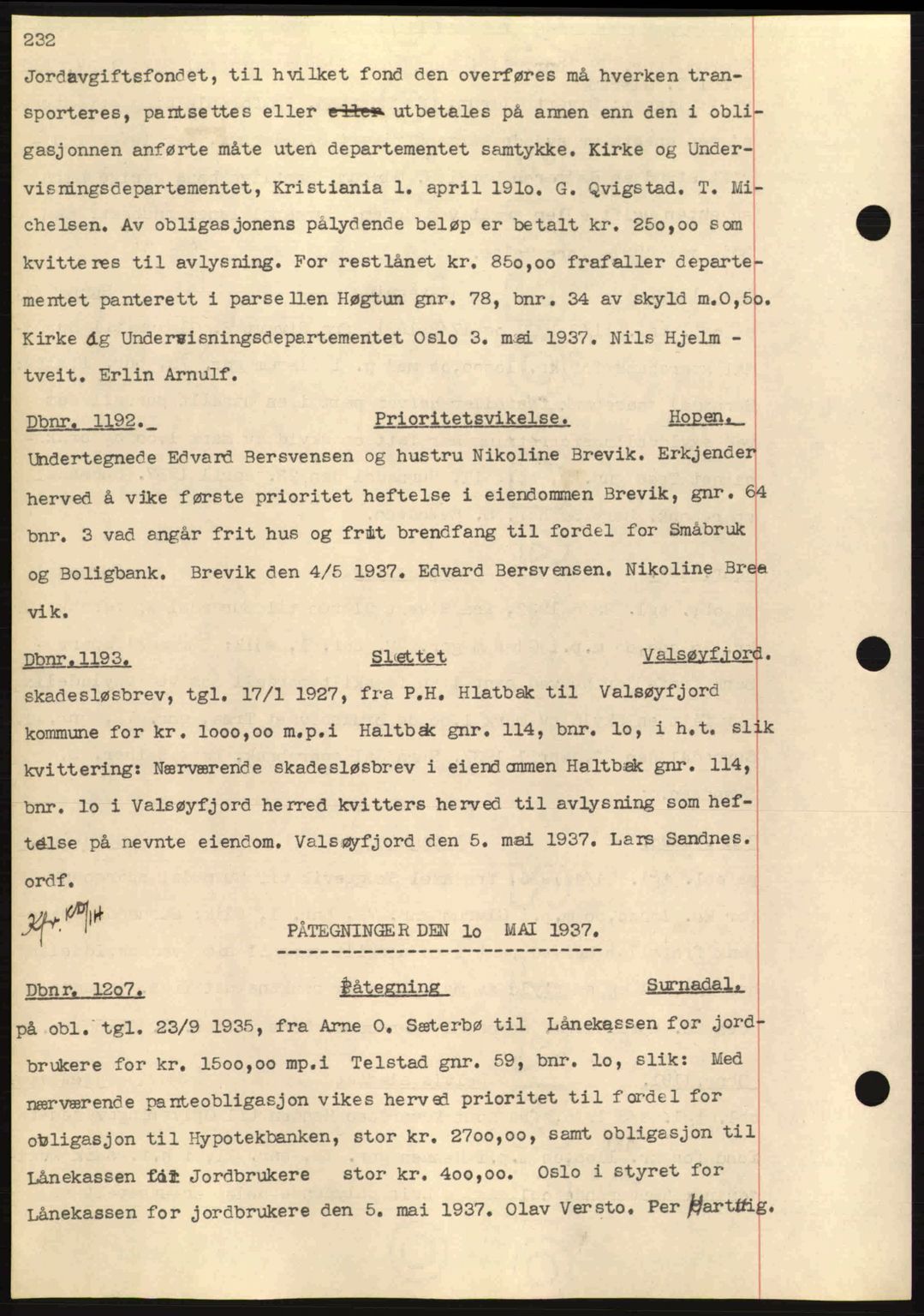 Nordmøre sorenskriveri, AV/SAT-A-4132/1/2/2Ca: Mortgage book no. C80, 1936-1939, Diary no: : 1192/1937