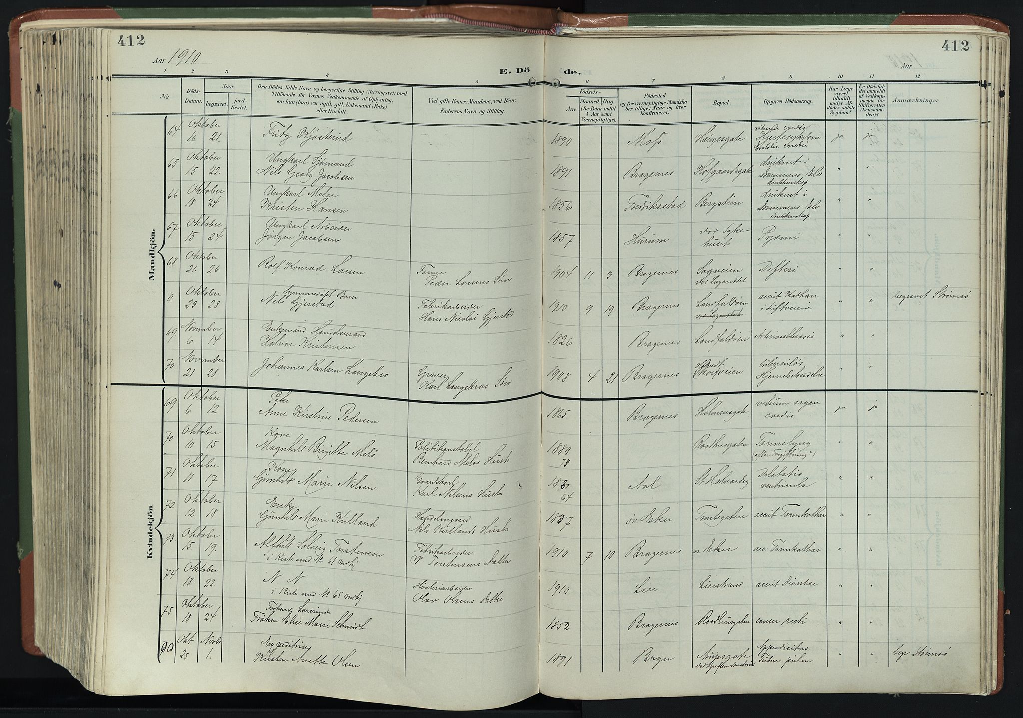 Bragernes kirkebøker, AV/SAKO-A-6/F/Fb/L0009: Parish register (official) no. II 9, 1902-1911, p. 412