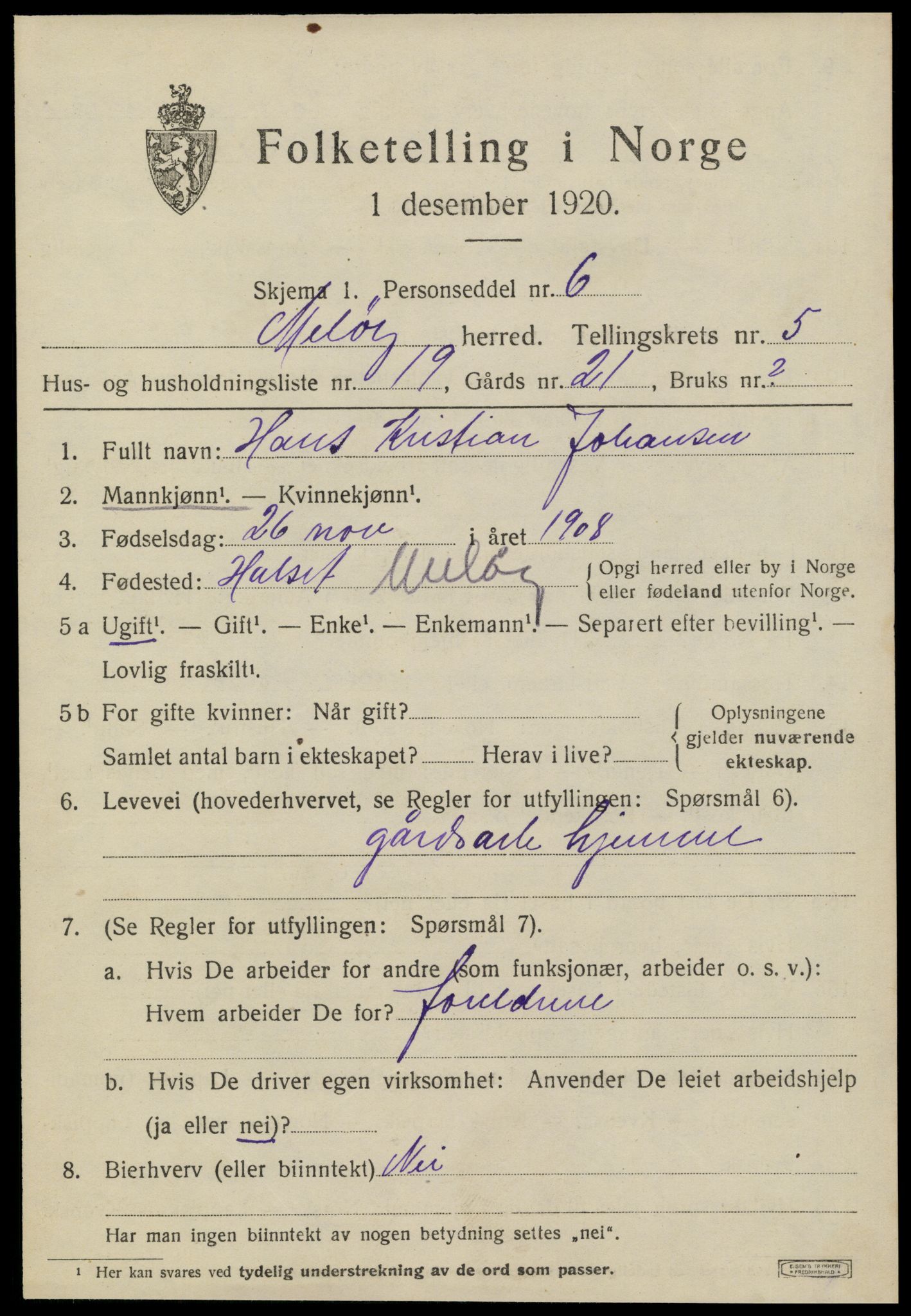 SAT, 1920 census for Meløy, 1920, p. 3387