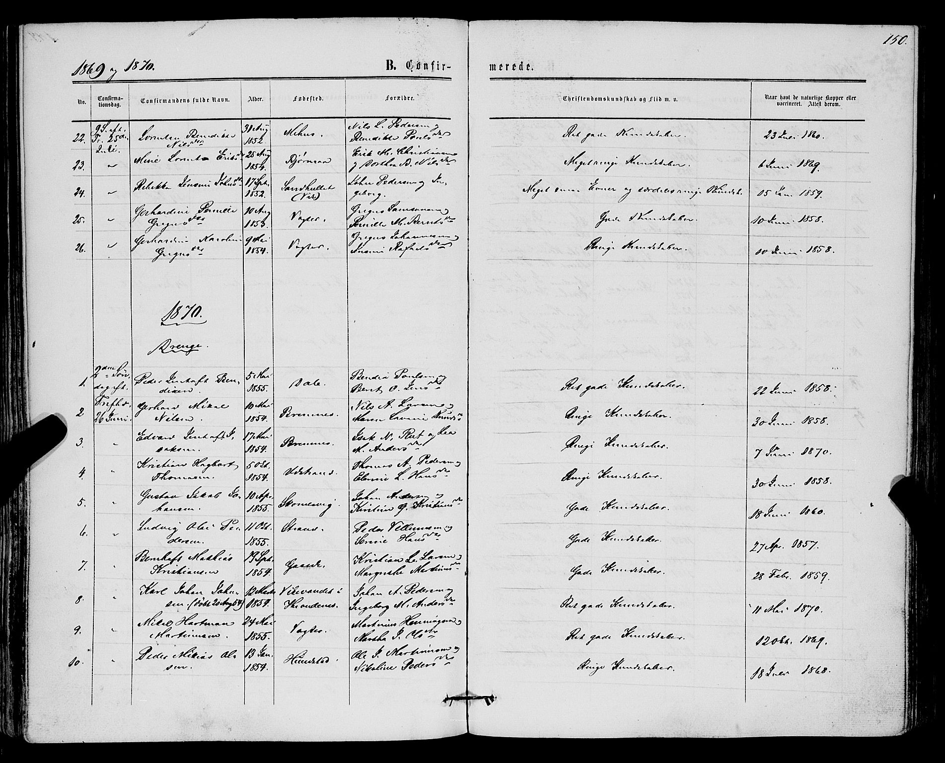 Kvæfjord sokneprestkontor, AV/SATØ-S-1323/G/Ga/Gaa/L0004kirke: Parish register (official) no. 4, 1857-1877, p. 150