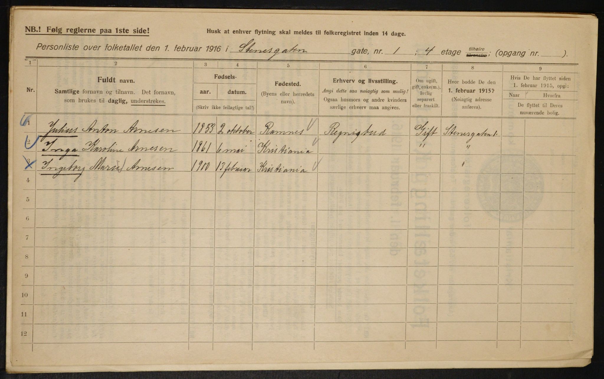 OBA, Municipal Census 1916 for Kristiania, 1916, p. 104104