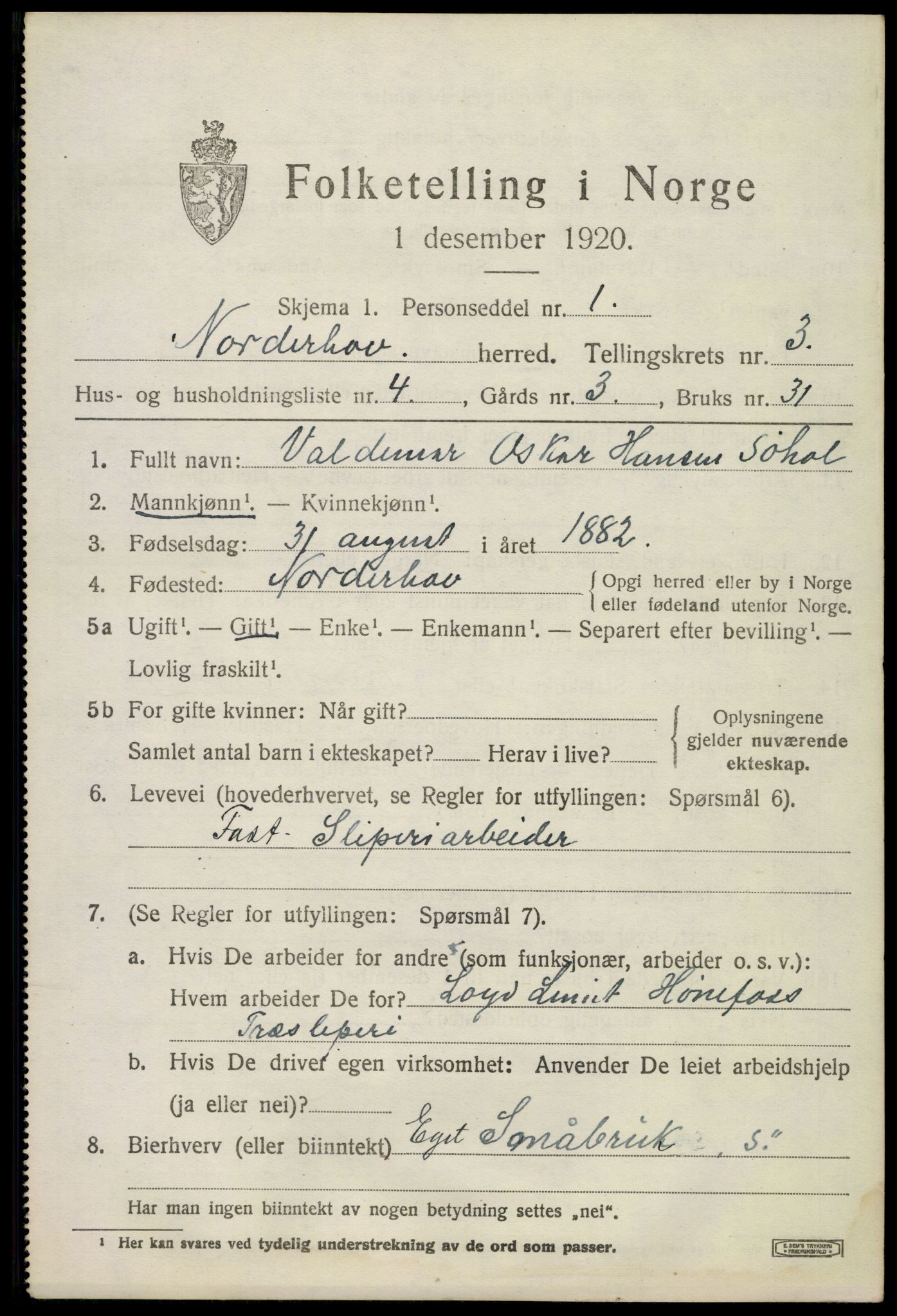 SAKO, 1920 census for Norderhov, 1920, p. 5298