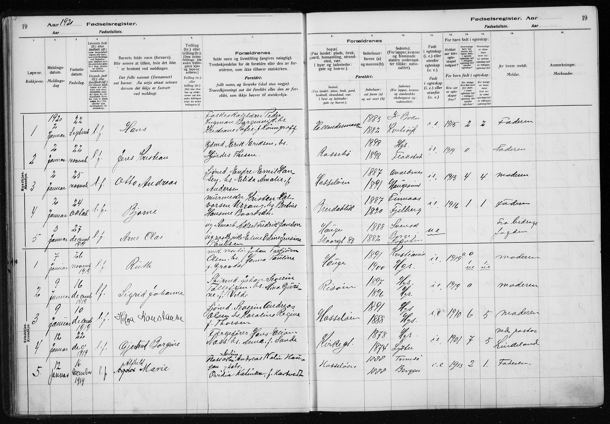 Haugesund sokneprestkontor, SAST/A -101863/I/Id/L0004: Birth register no. 2, 1919-1923, p. 19