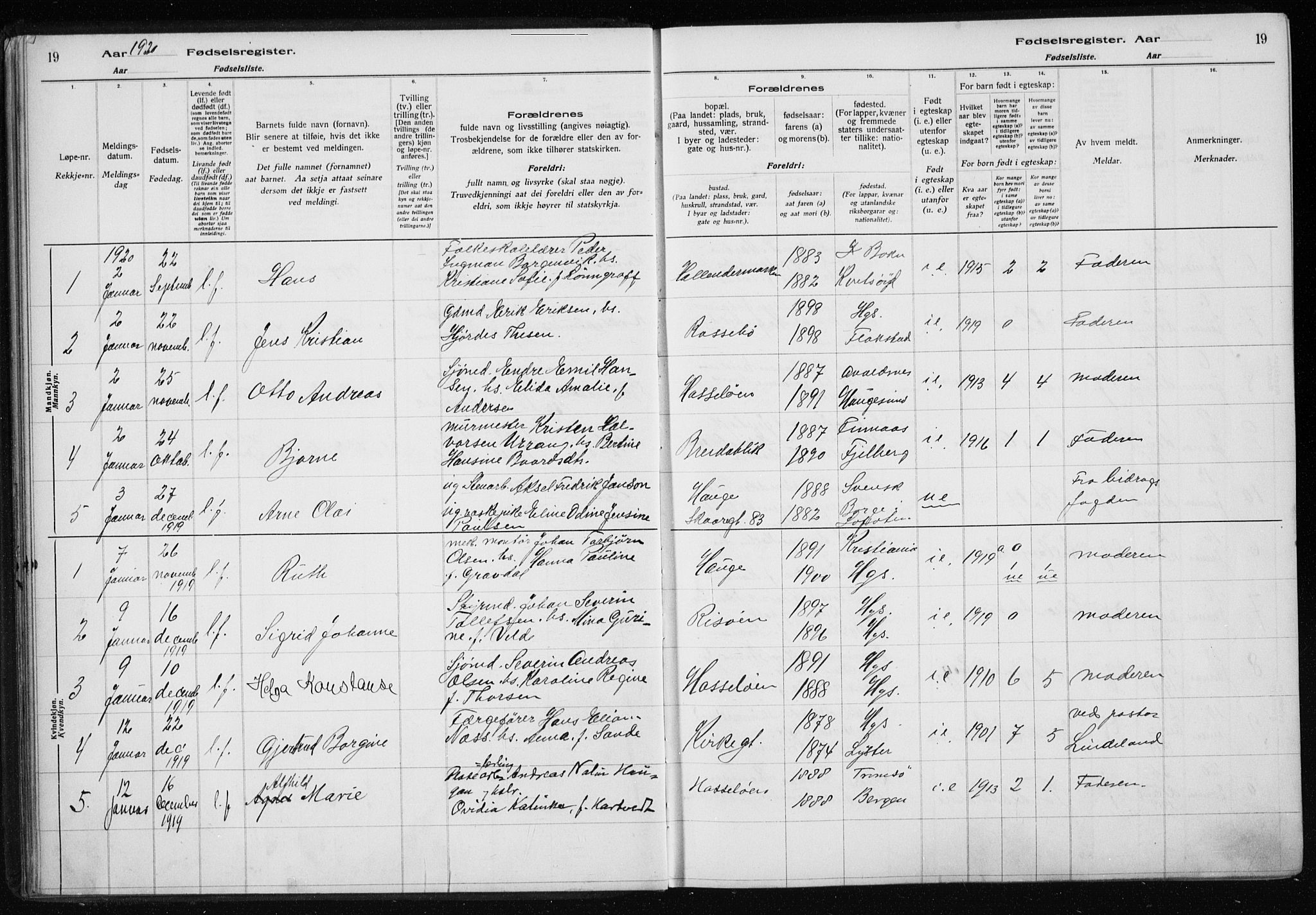 Haugesund sokneprestkontor, AV/SAST-A -101863/I/Id/L0004: Birth register no. 2, 1919-1923, p. 19