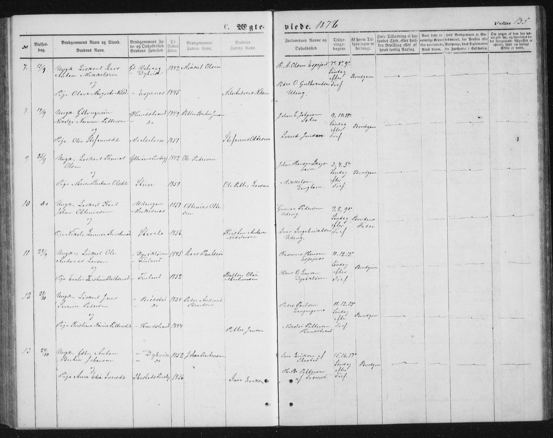 Tranøy sokneprestkontor, AV/SATØ-S-1313/I/Ia/Iab/L0013klokker: Parish register (copy) no. 13, 1874-1896, p. 135