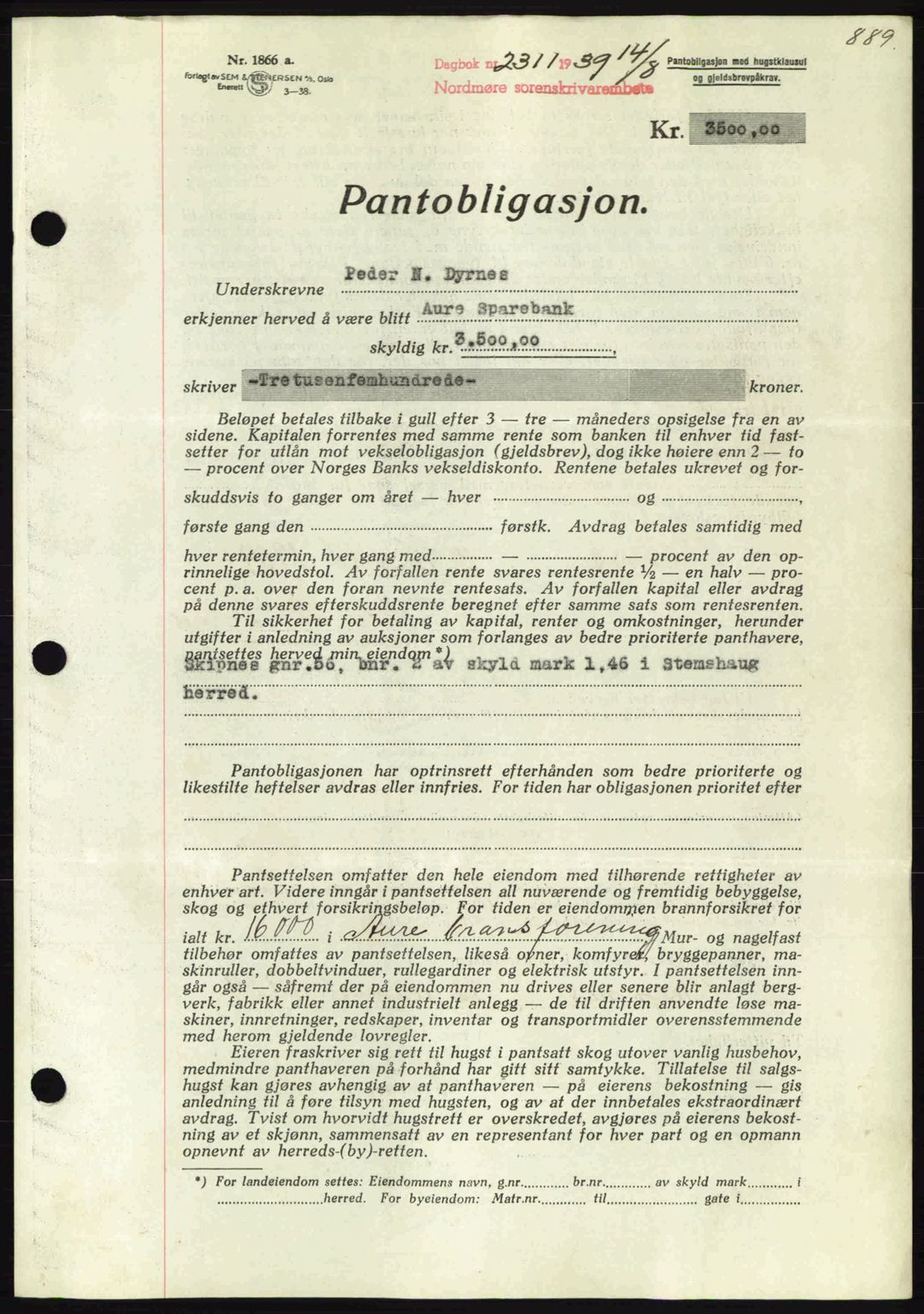 Nordmøre sorenskriveri, AV/SAT-A-4132/1/2/2Ca: Mortgage book no. B85, 1939-1939, Diary no: : 2311/1939