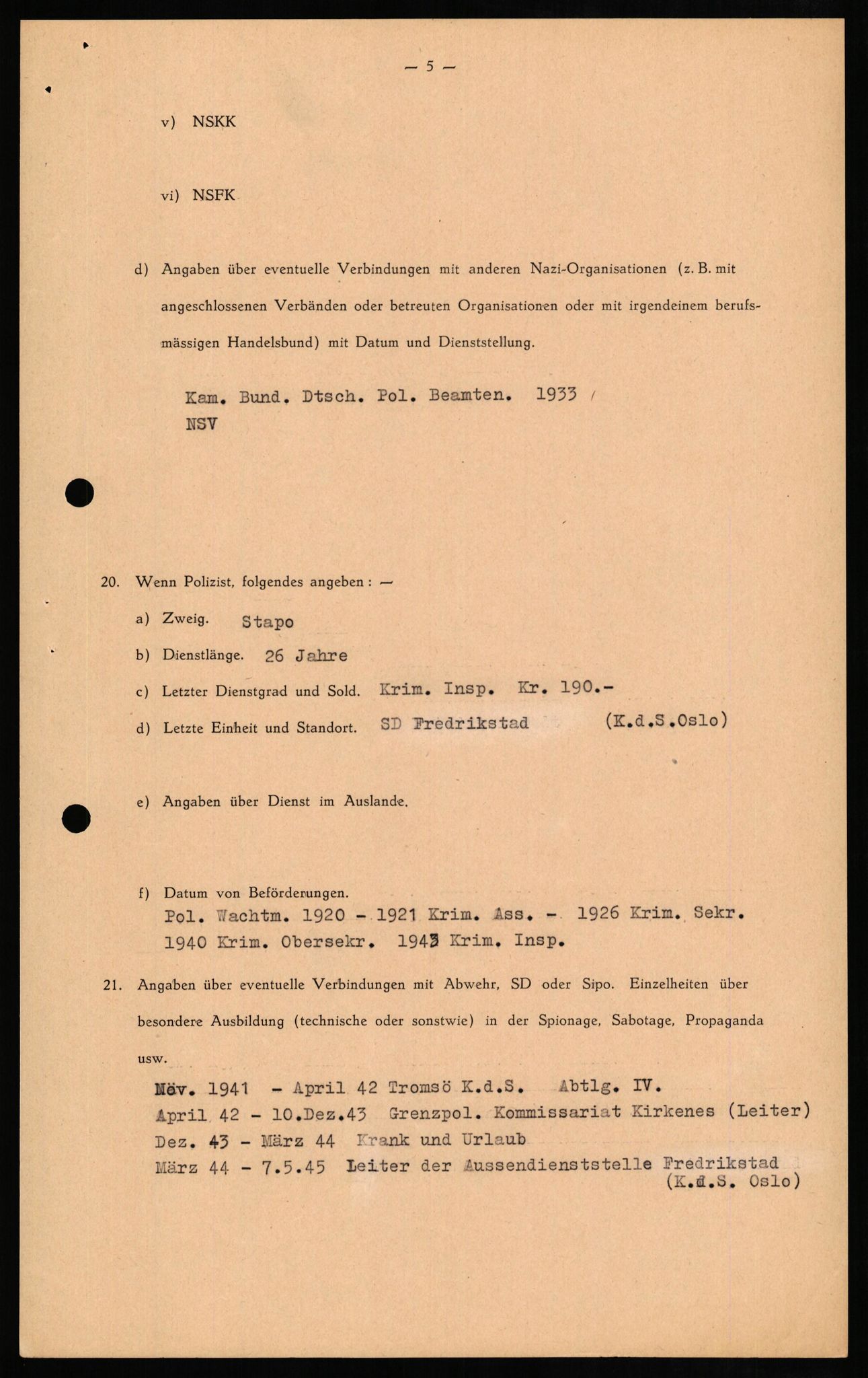 Forsvaret, Forsvarets overkommando II, RA/RAFA-3915/D/Db/L0011: CI Questionaires. Tyske okkupasjonsstyrker i Norge. Tyskere., 1945-1946, p. 130